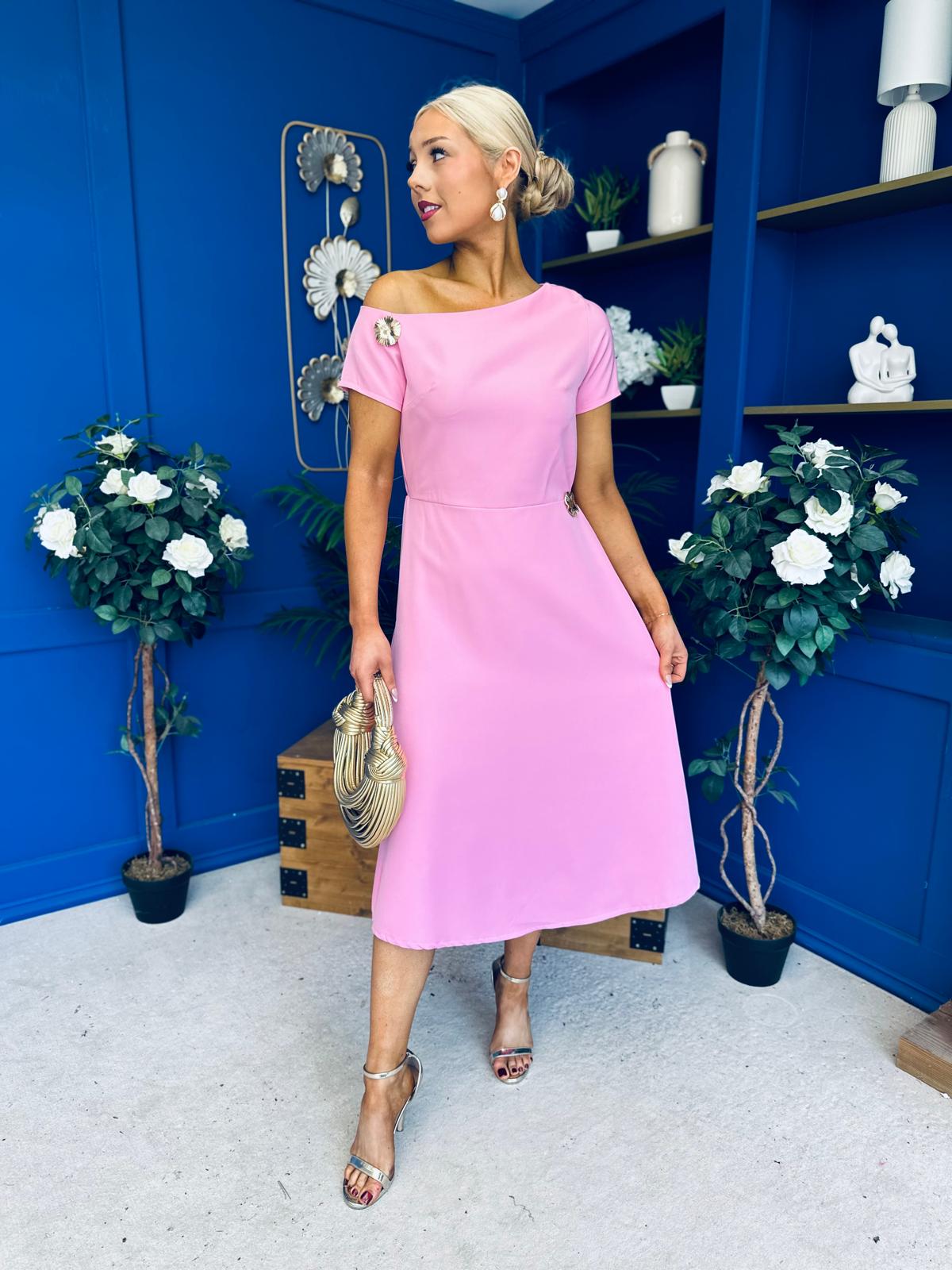 Emily Asymmetric Detail Midi Dress Pink