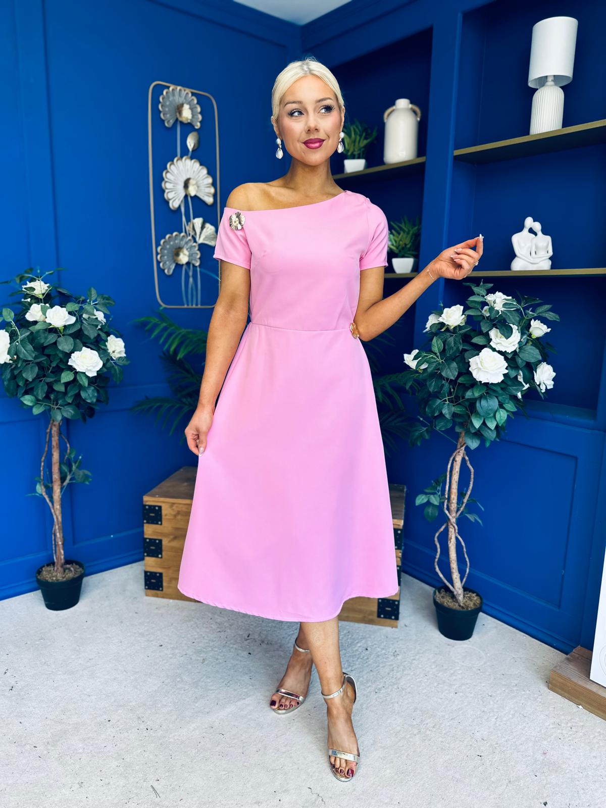 Emily Asymmetric Detail Midi Dress Pink
