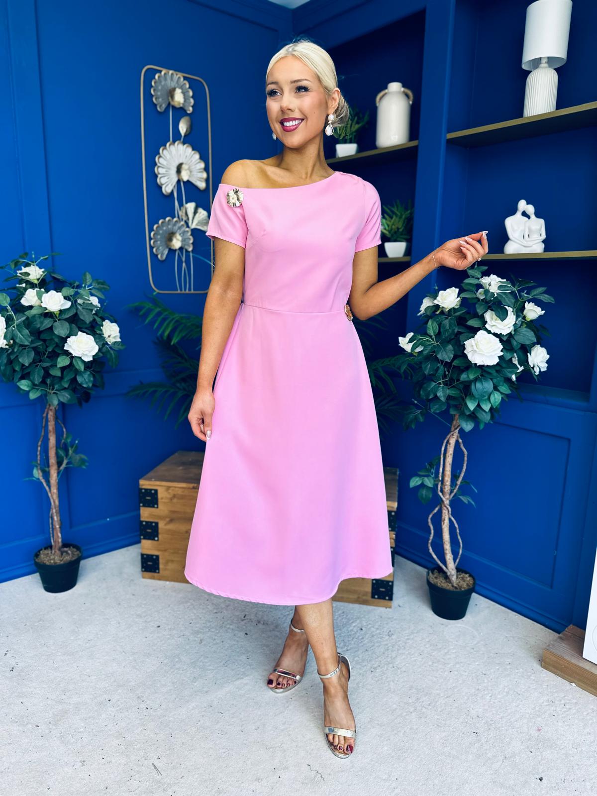 Emily Asymmetric Detail Midi Dress Pink