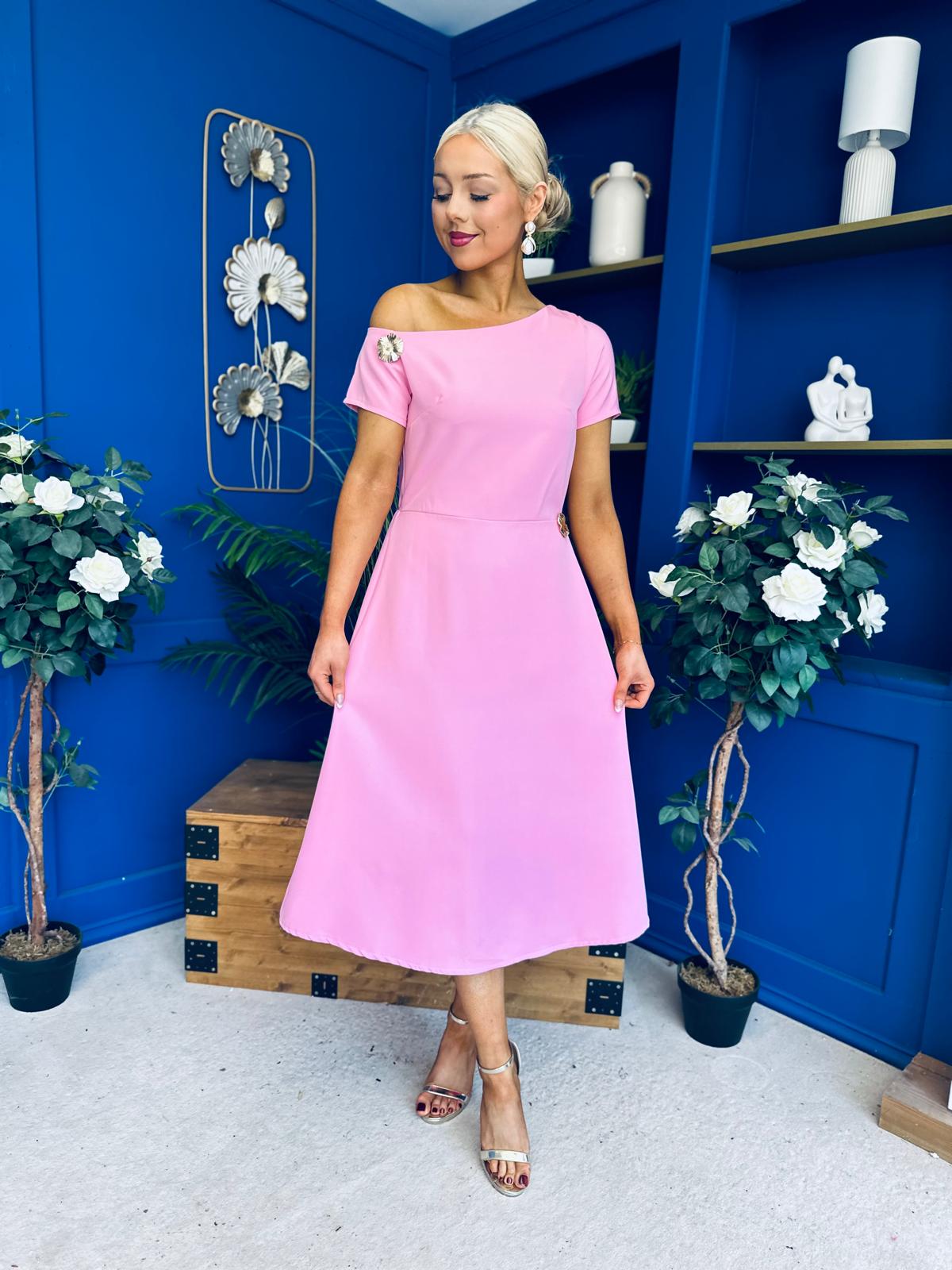 Emily Asymmetric Detail Midi Dress Pink