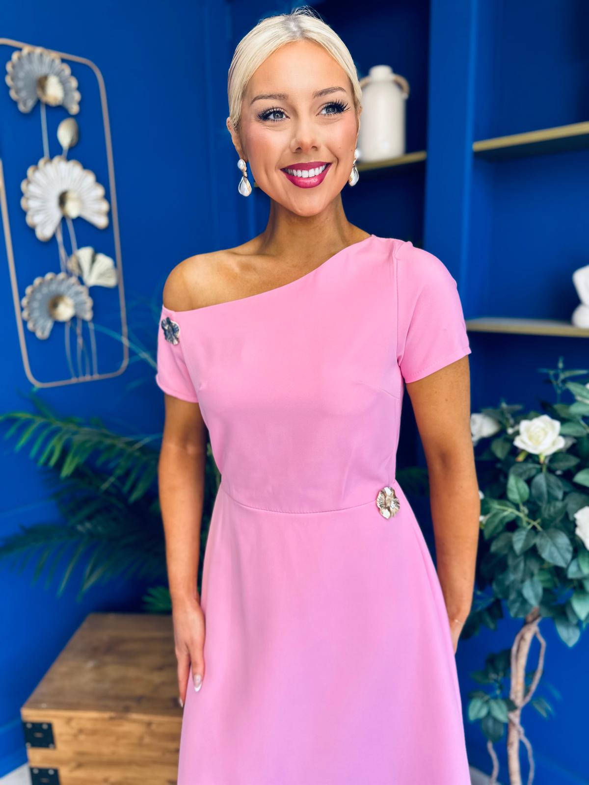 Emily Asymmetric Detail Midi Dress Pink