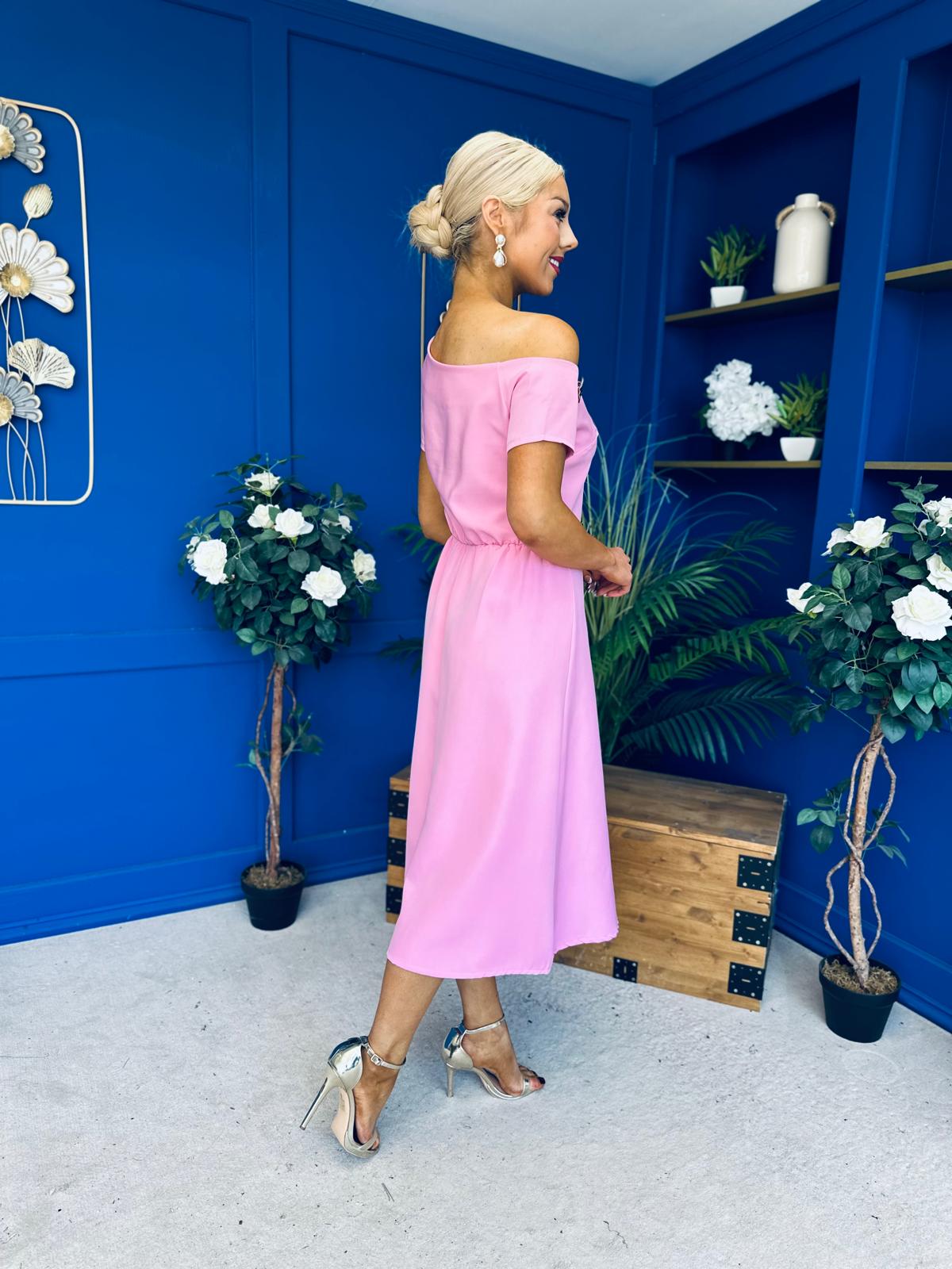 Emily Asymmetric Detail Midi Dress Pink
