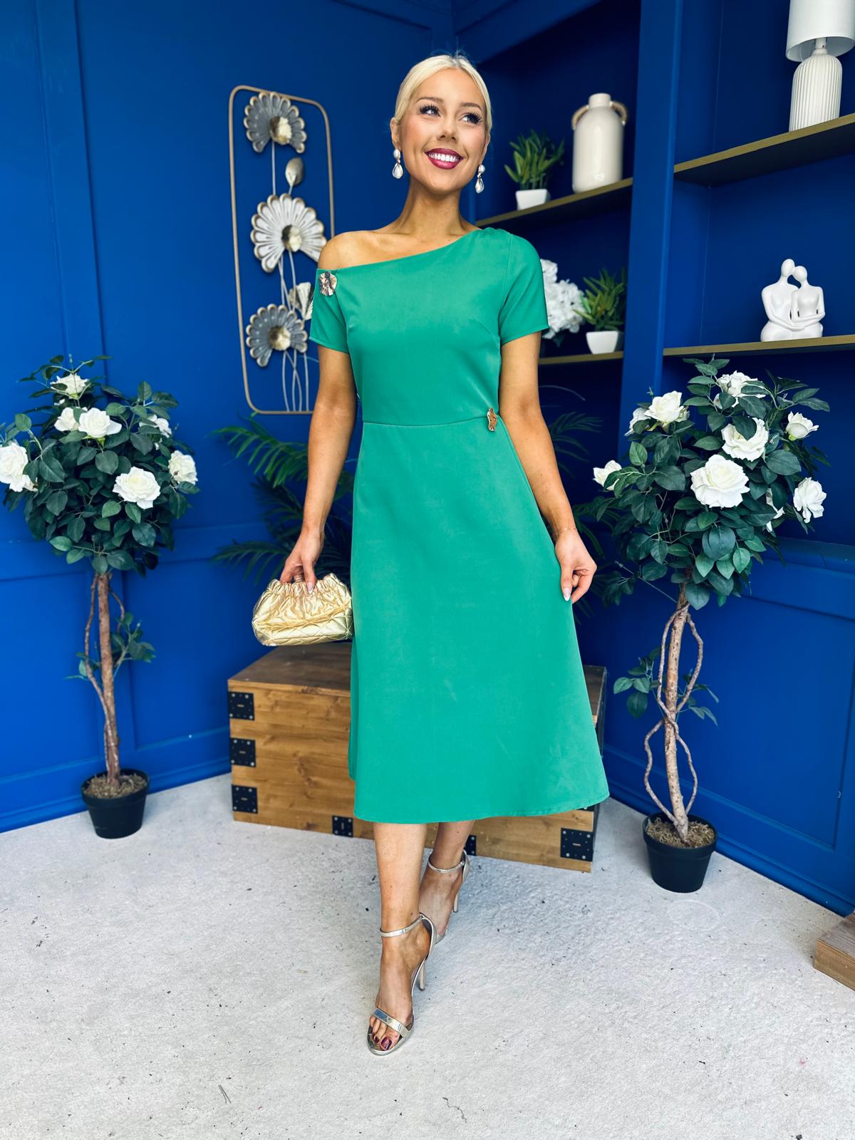 Emily Asymmetric Detail Midi Dress Emerald
