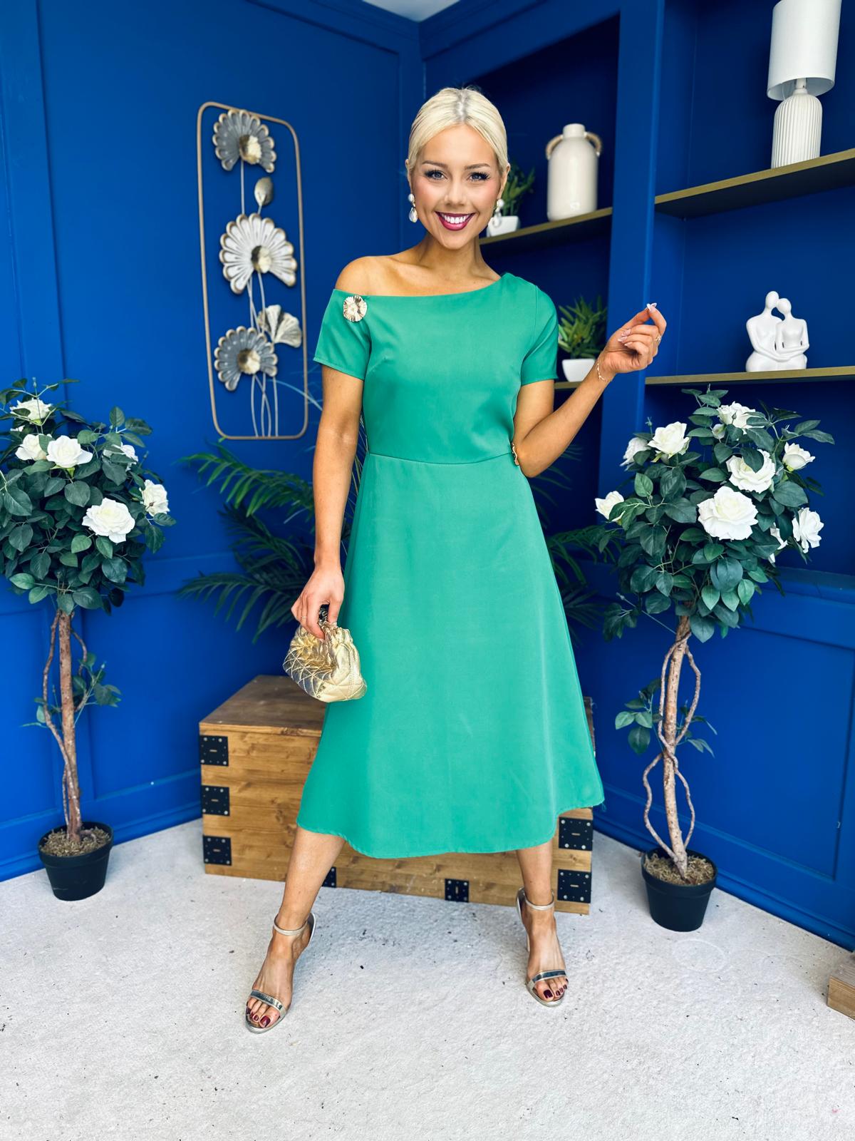 Emily Asymmetric Detail Midi Dress Emerald