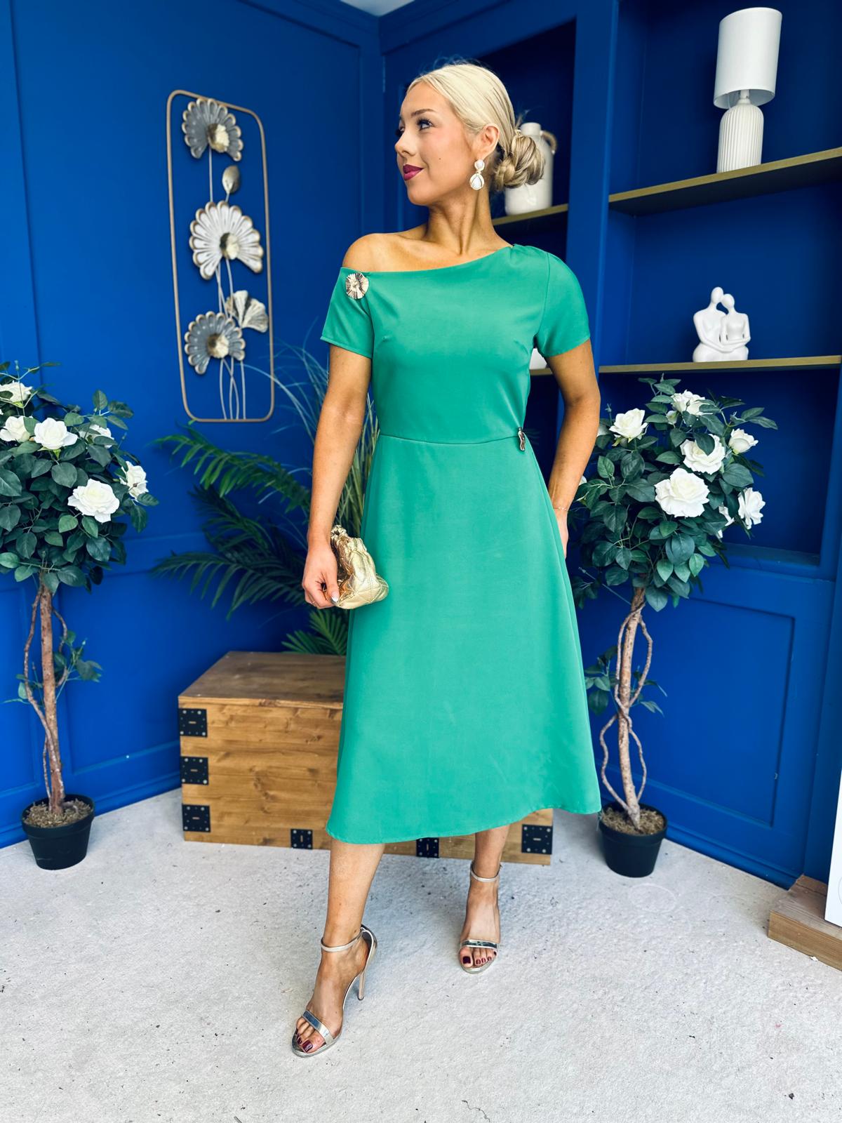 Emily Asymmetric Detail Midi Dress Emerald