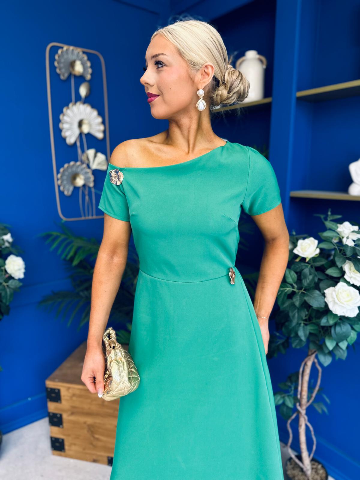 Emily Asymmetric Detail Midi Dress Emerald
