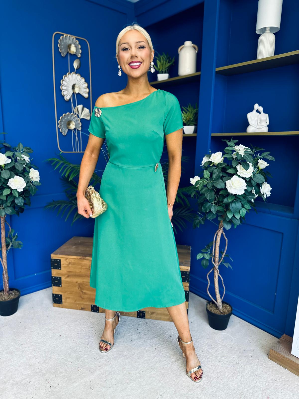Emily Asymmetric Detail Midi Dress Emerald