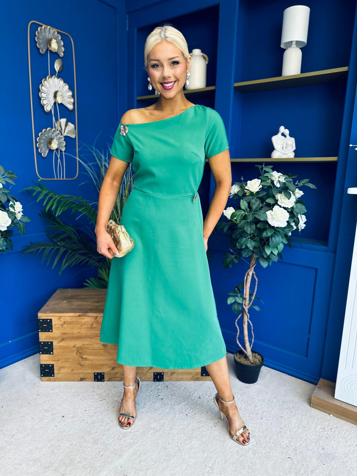 Emily Asymmetric Detail Midi Dress Emerald