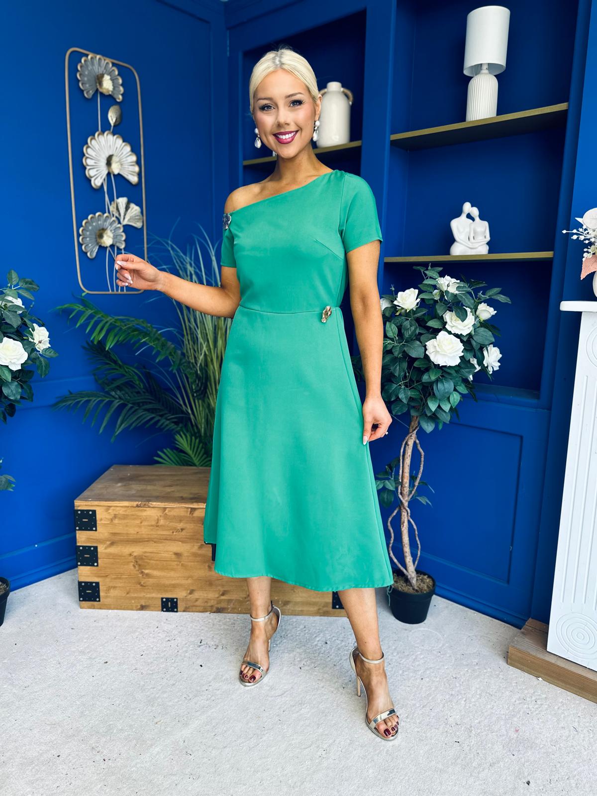 Emily Asymmetric Detail Midi Dress Emerald