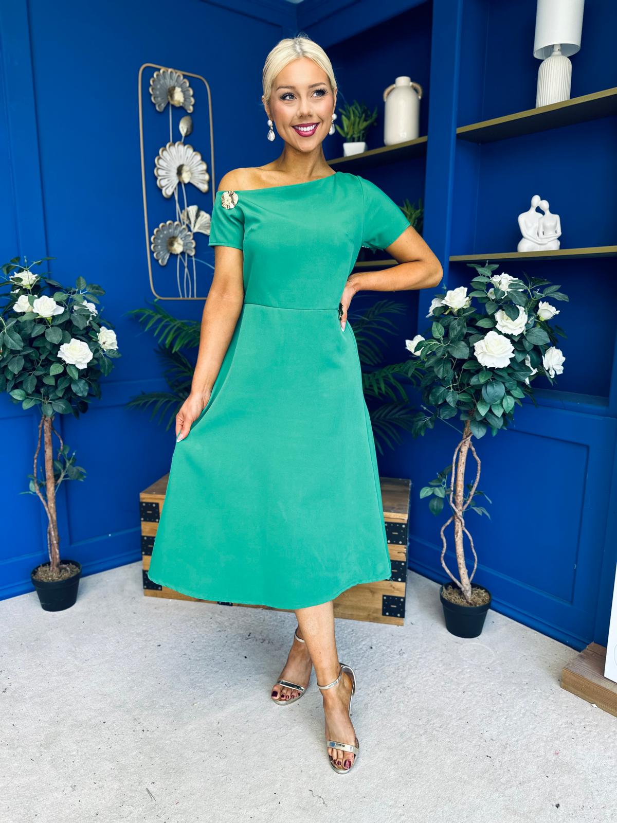 Emily Asymmetric Detail Midi Dress Emerald