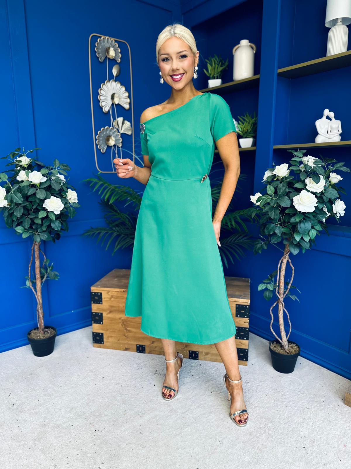 Emily Asymmetric Detail Midi Dress Emerald