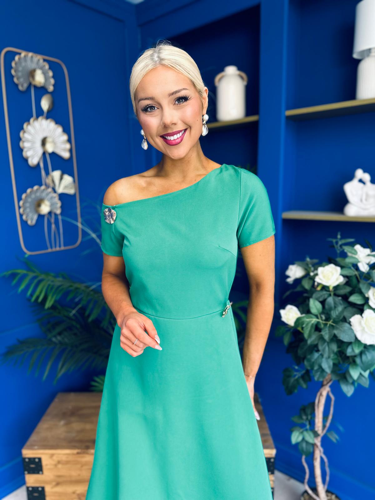 Emily Asymmetric Detail Midi Dress Emerald