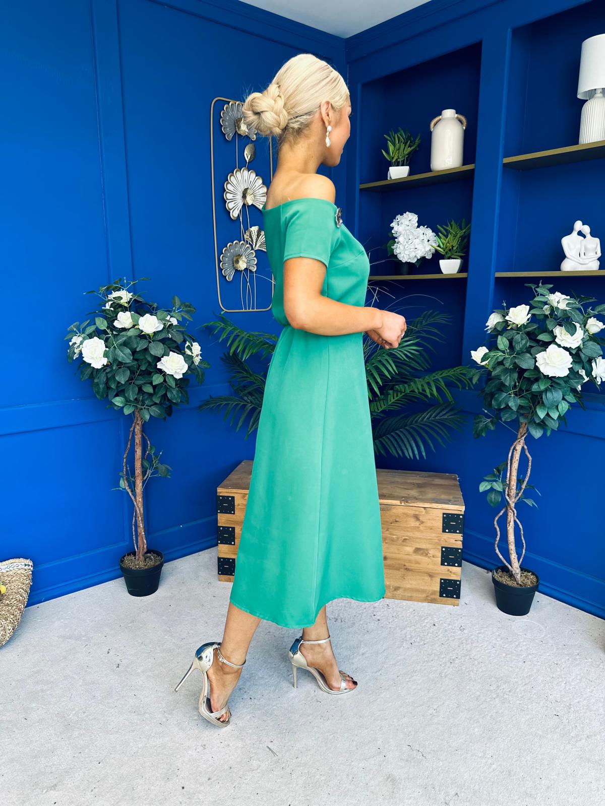 Emily Asymmetric Detail Midi Dress Emerald