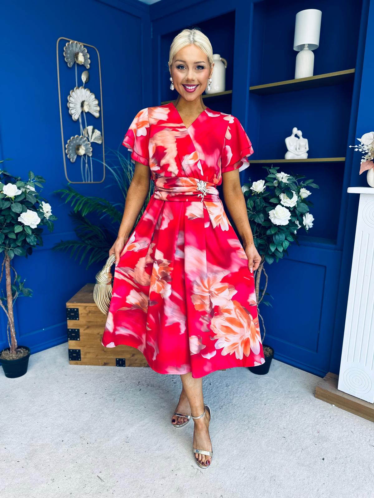 Blaire Frill Sleeve Midi Dress Floral Rouge