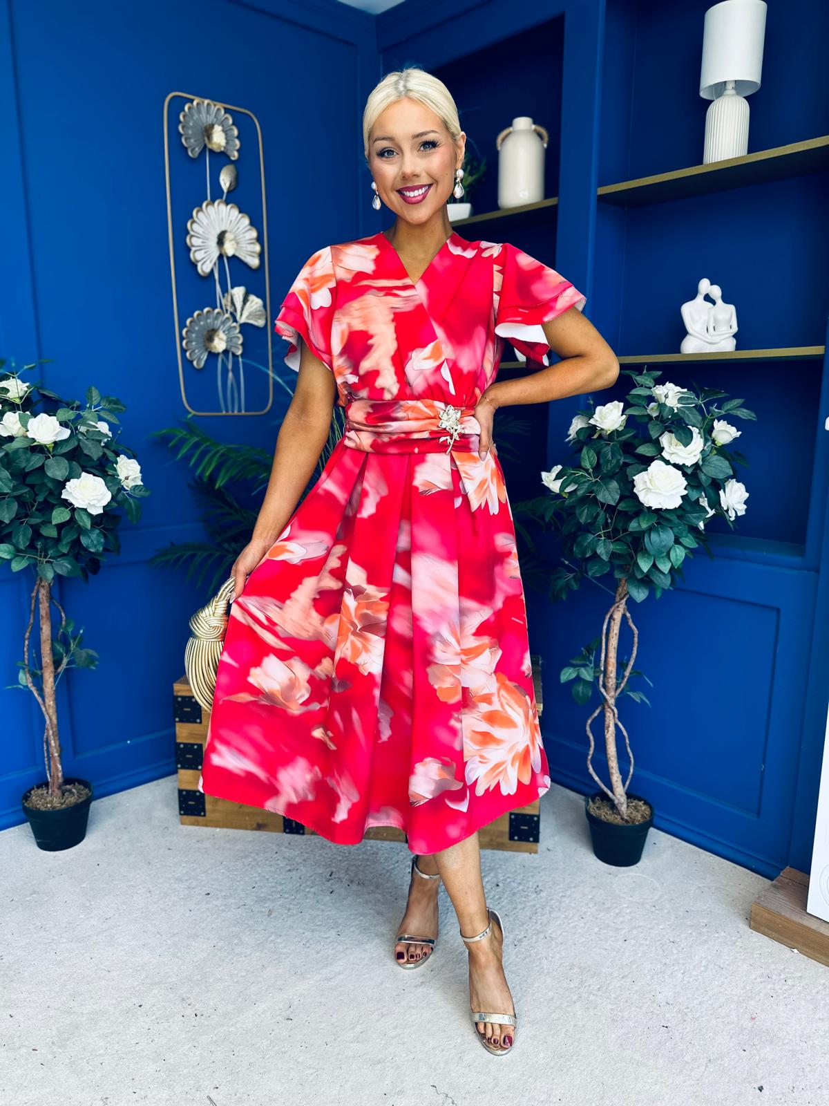 Blaire Frill Sleeve Midi Dress Floral Rouge