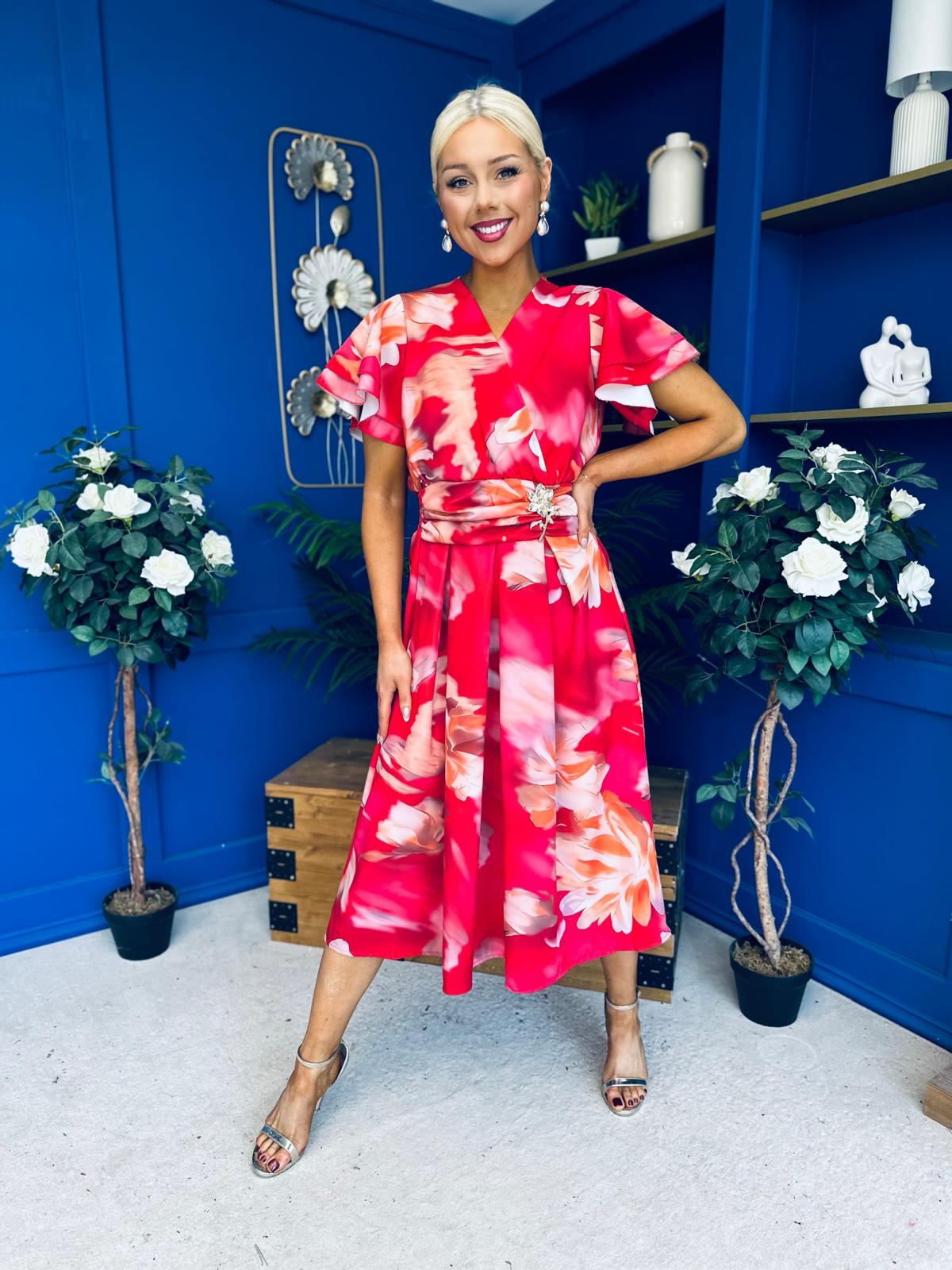 Blaire Frill Sleeve Midi Dress Floral Rouge