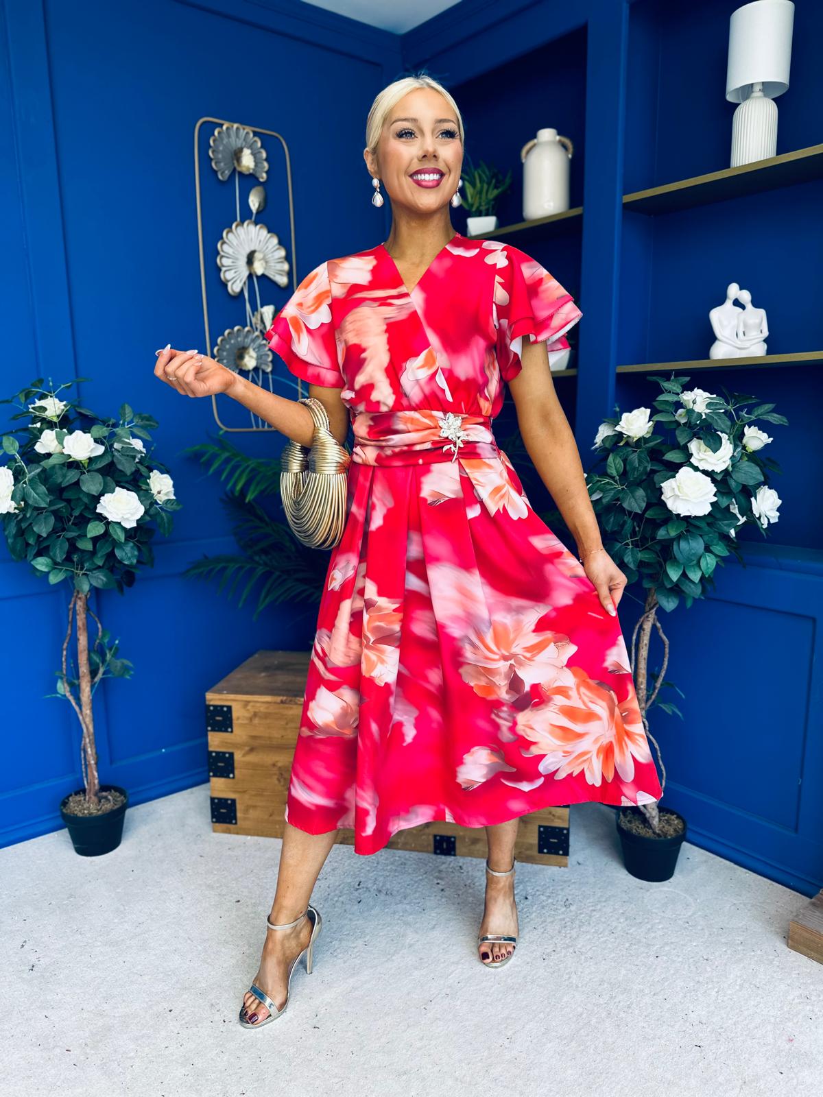 Blaire Frill Sleeve Midi Dress Floral Rouge