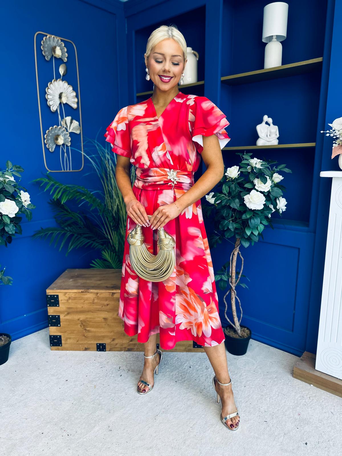 Blaire Frill Sleeve Midi Dress Floral Rouge