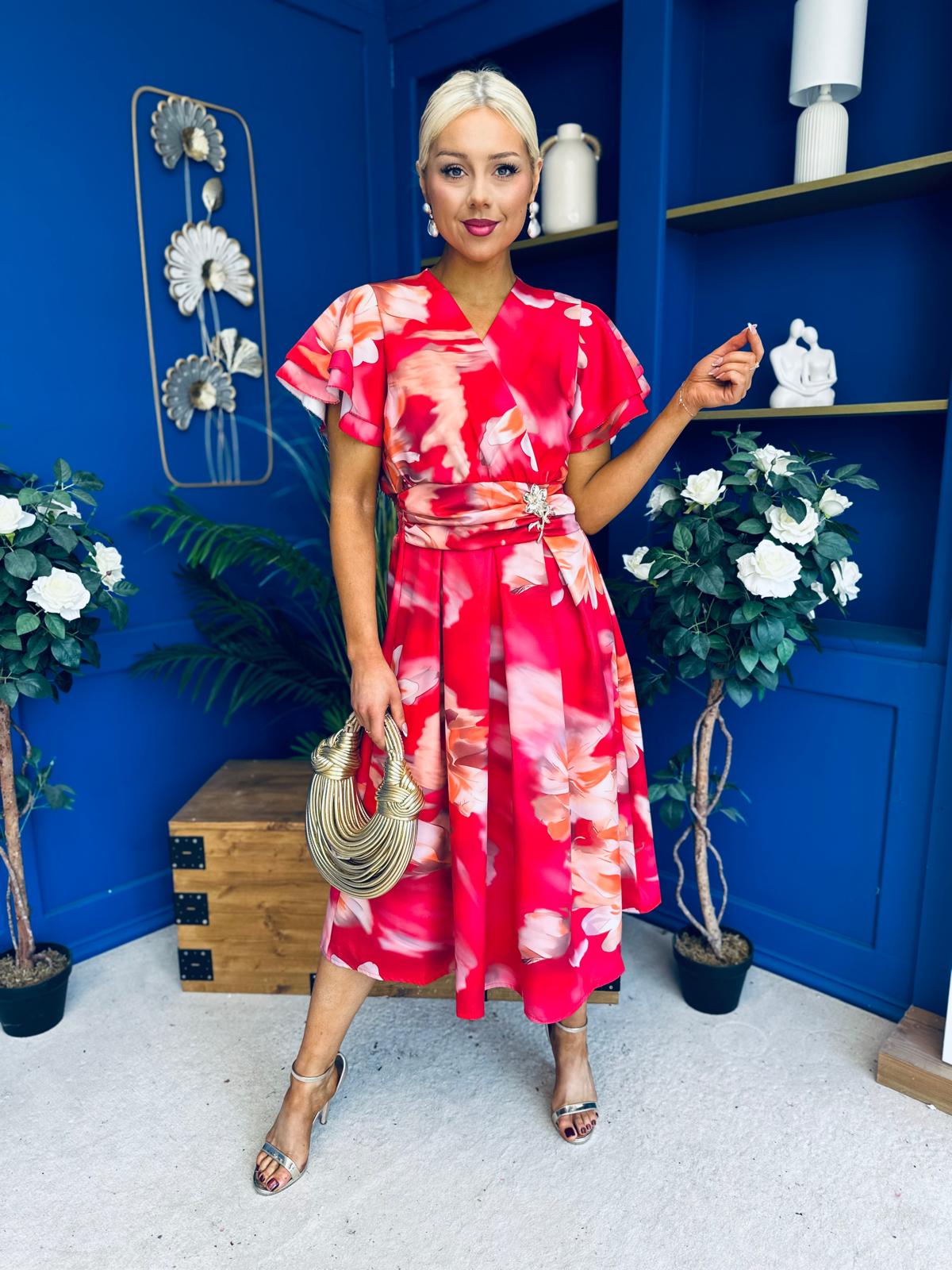 Blaire Frill Sleeve Midi Dress Floral Rouge