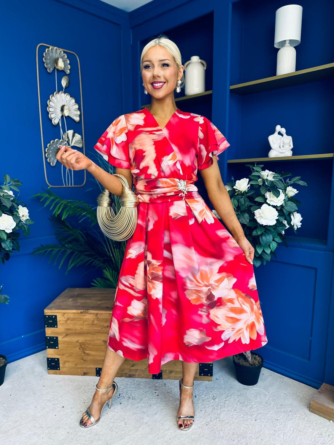 Blaire Frill Sleeve Midi Dress Floral Rouge