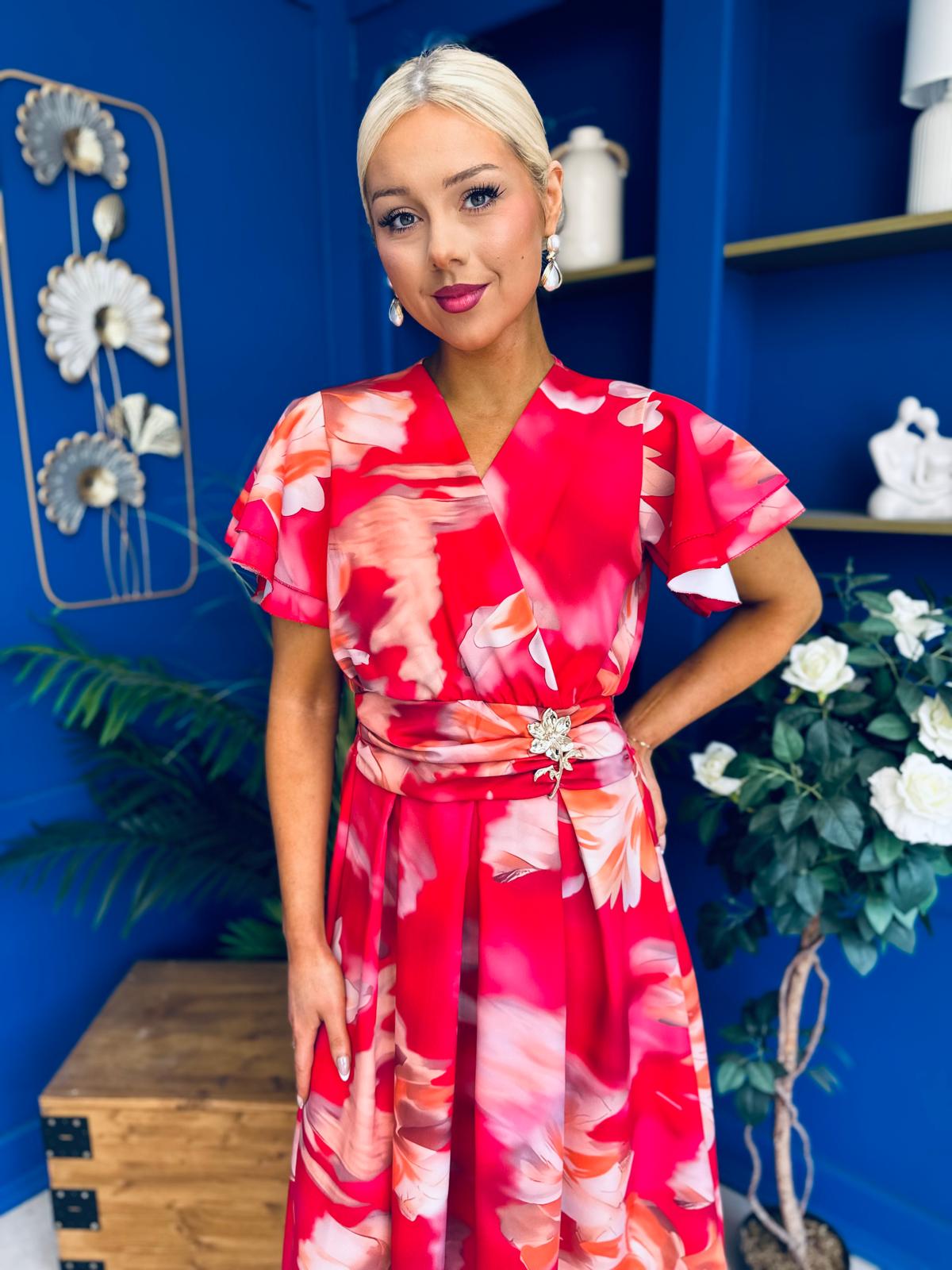 Blaire Frill Sleeve Midi Dress Floral Rouge