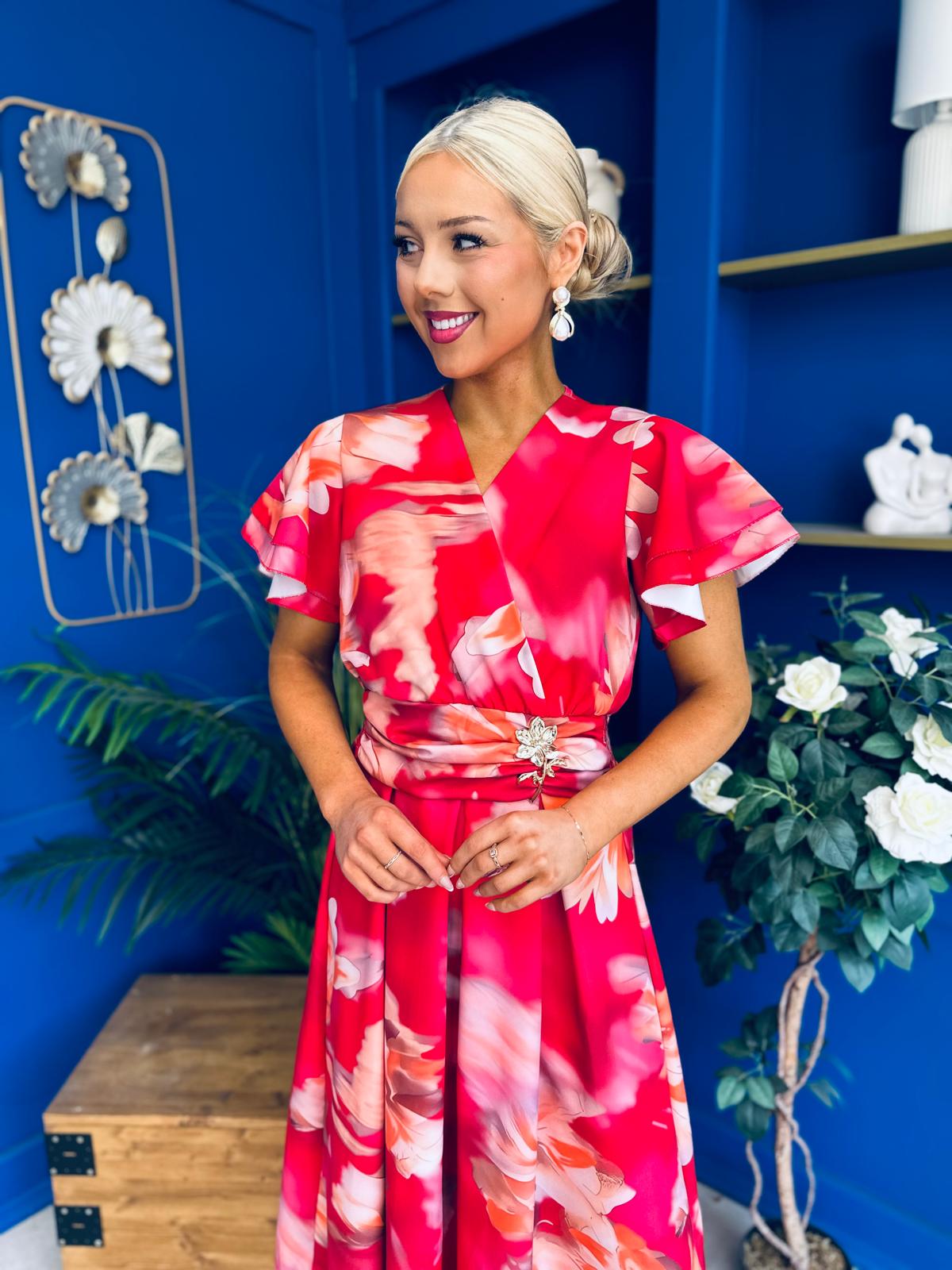 Blaire Frill Sleeve Midi Dress Floral Rouge