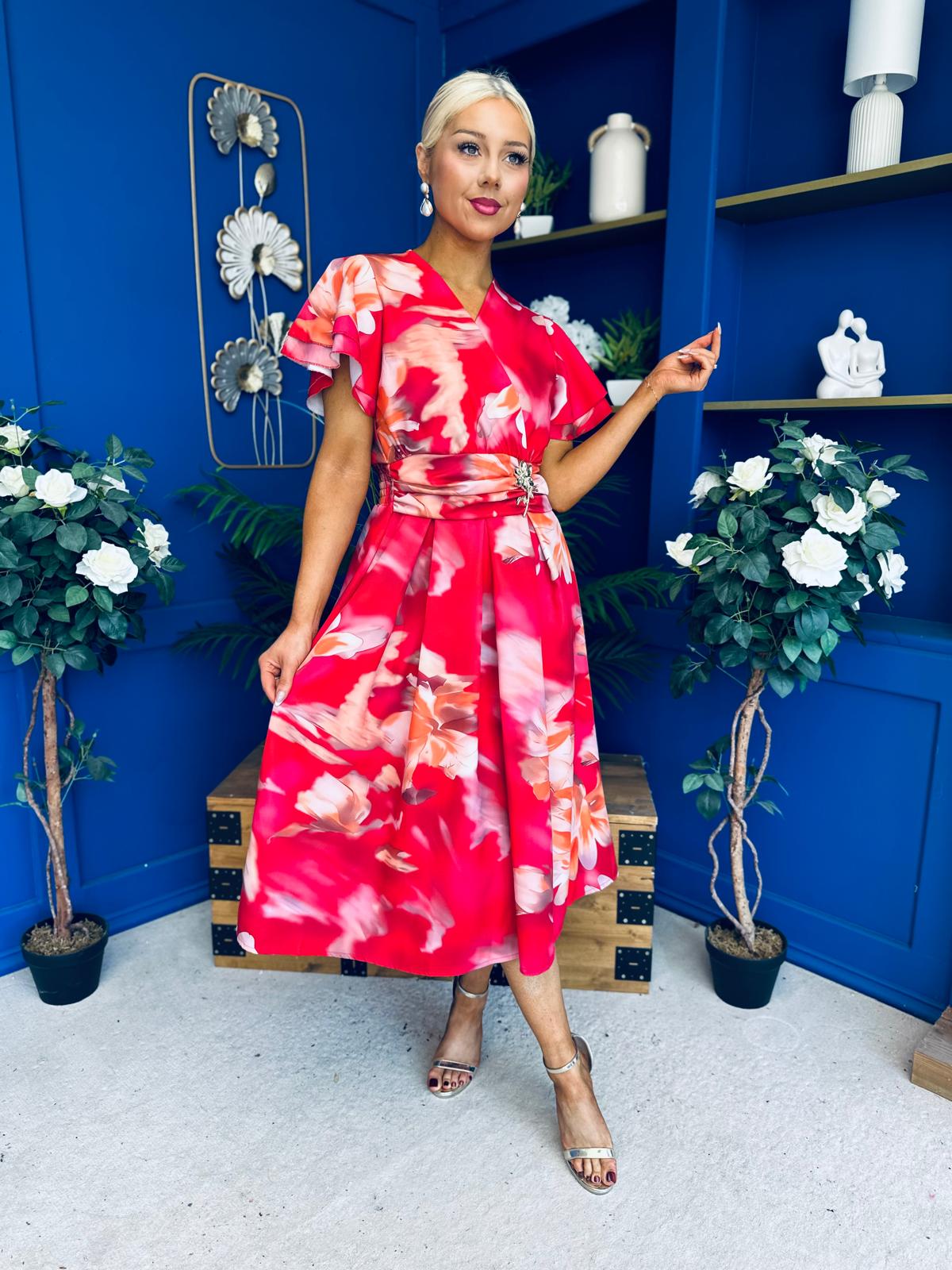 Blaire Frill Sleeve Midi Dress Floral Rouge