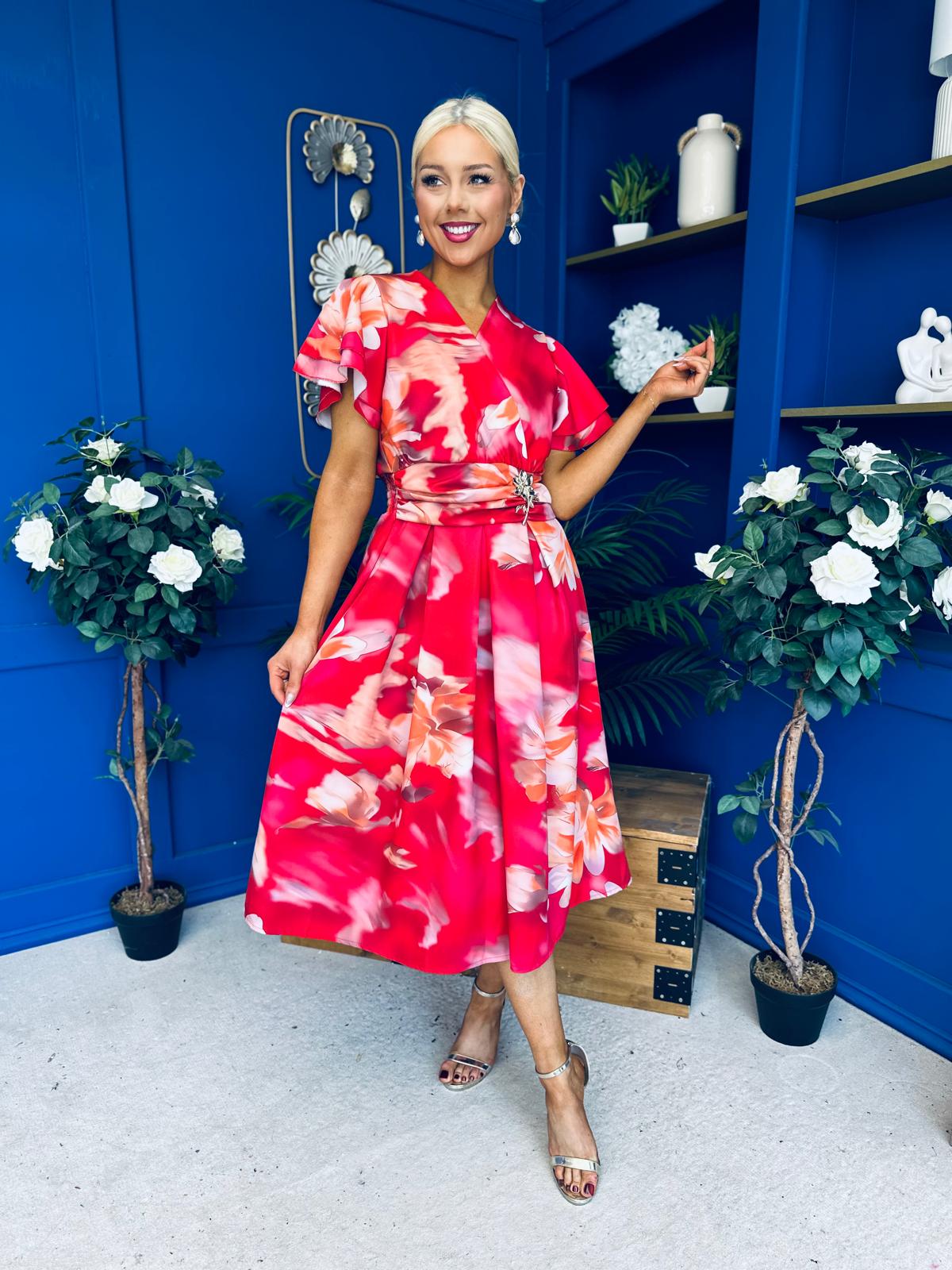 Blaire Frill Sleeve Midi Dress Floral Rouge