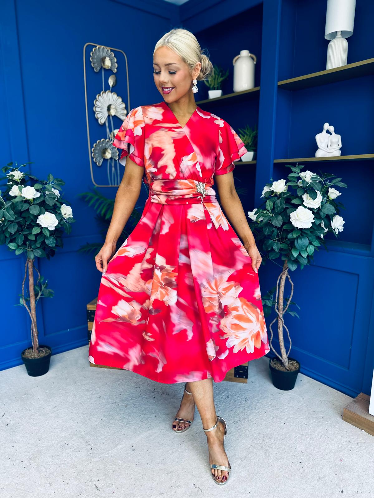 Blaire Frill Sleeve Midi Dress Floral Rouge