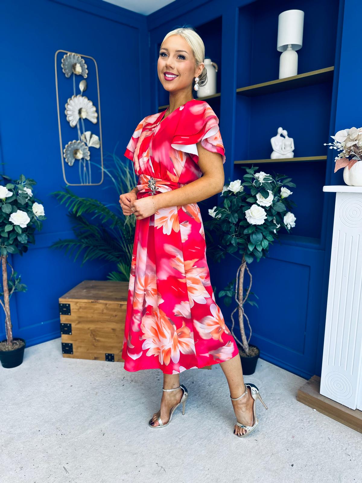 Blaire Frill Sleeve Midi Dress Floral Rouge