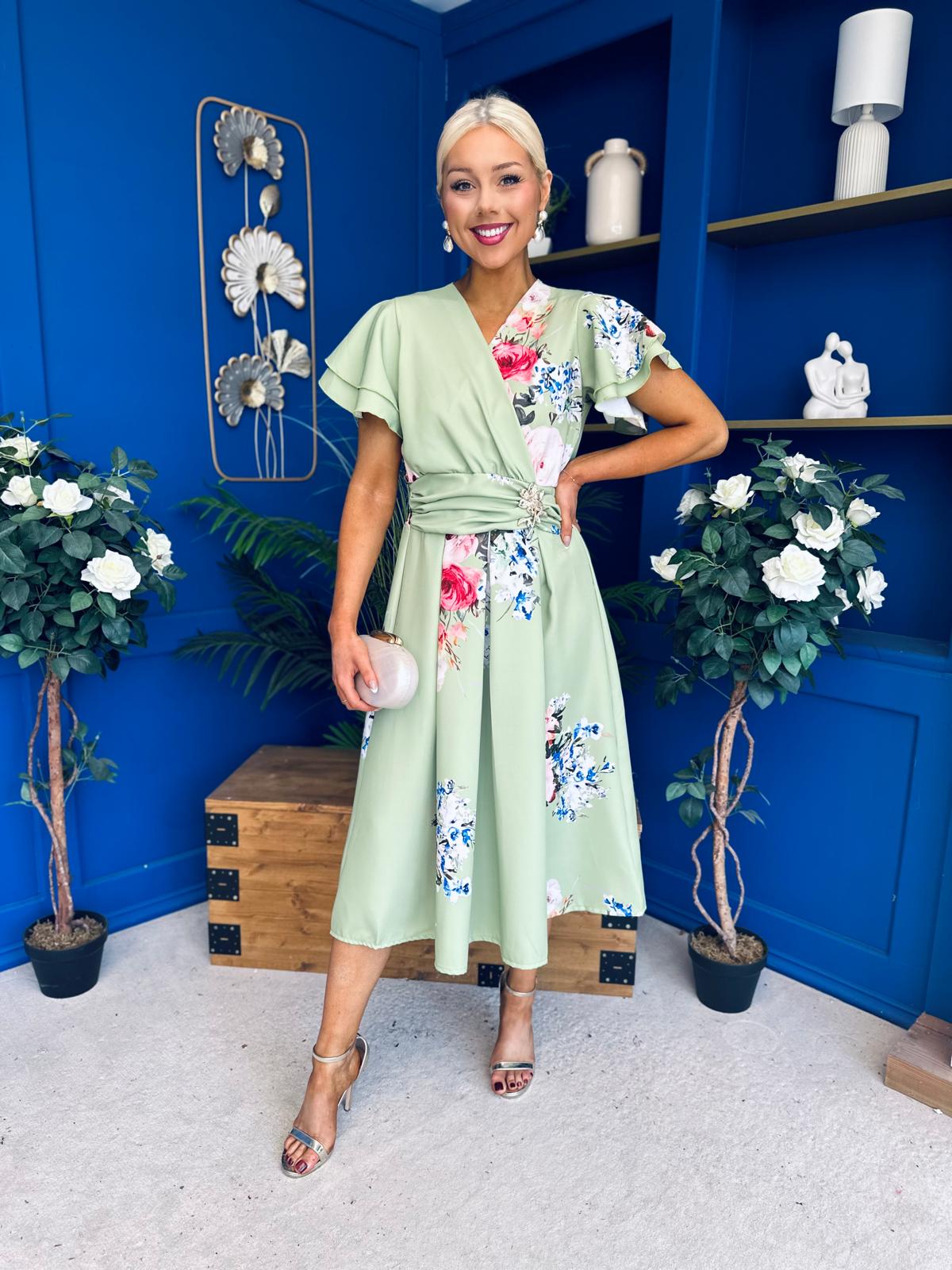 Blaire Frill Sleeve Midi Dress Floral Sage