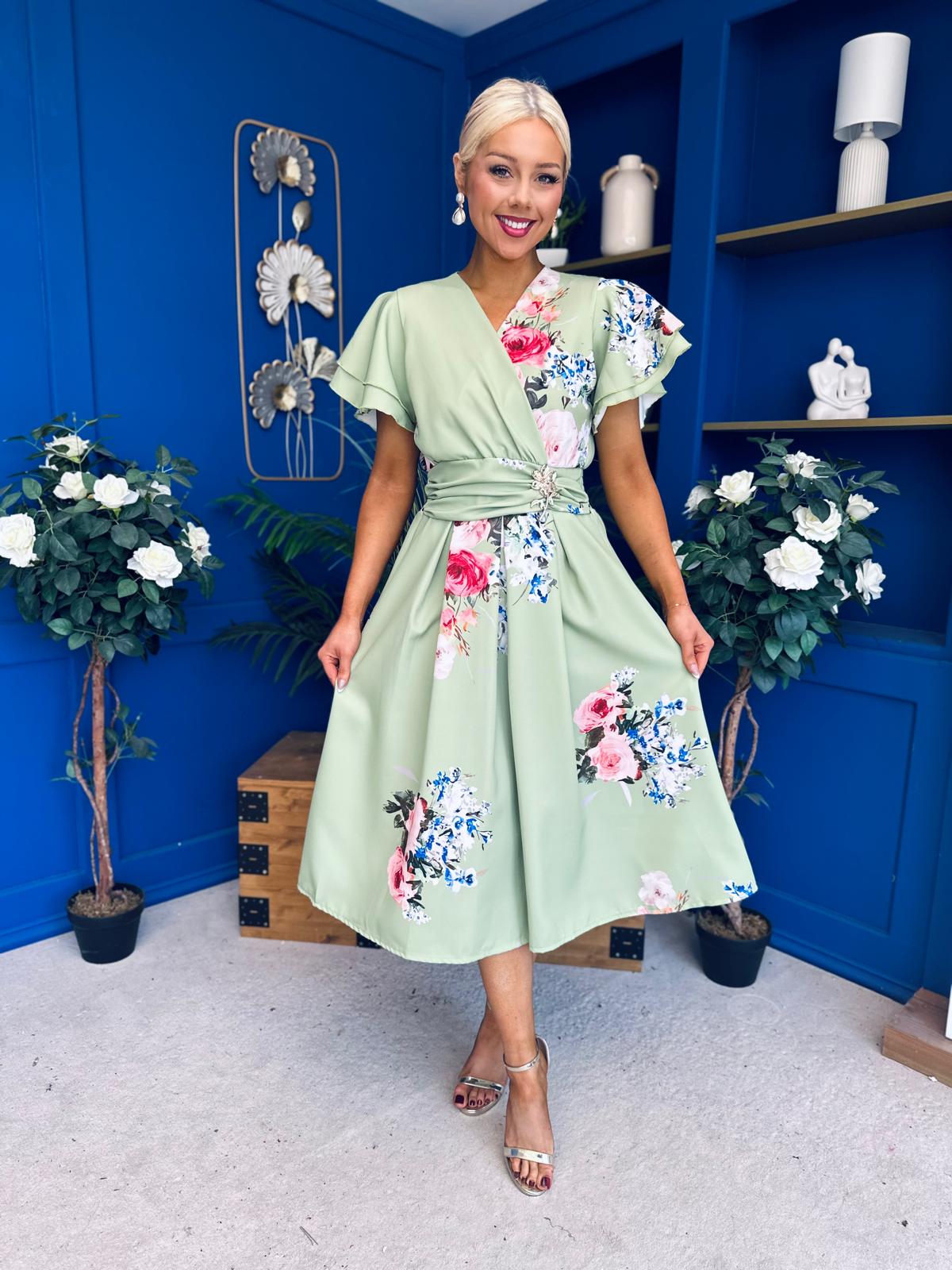 Blaire Frill Sleeve Midi Dress Floral Sage