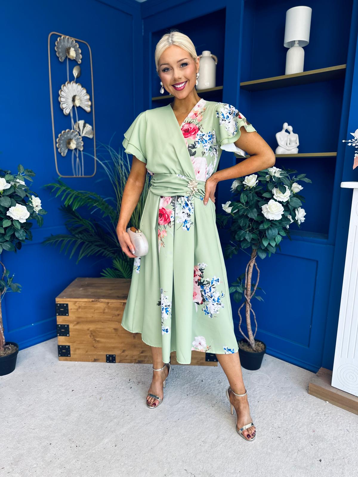 Blaire Frill Sleeve Midi Dress Floral Sage