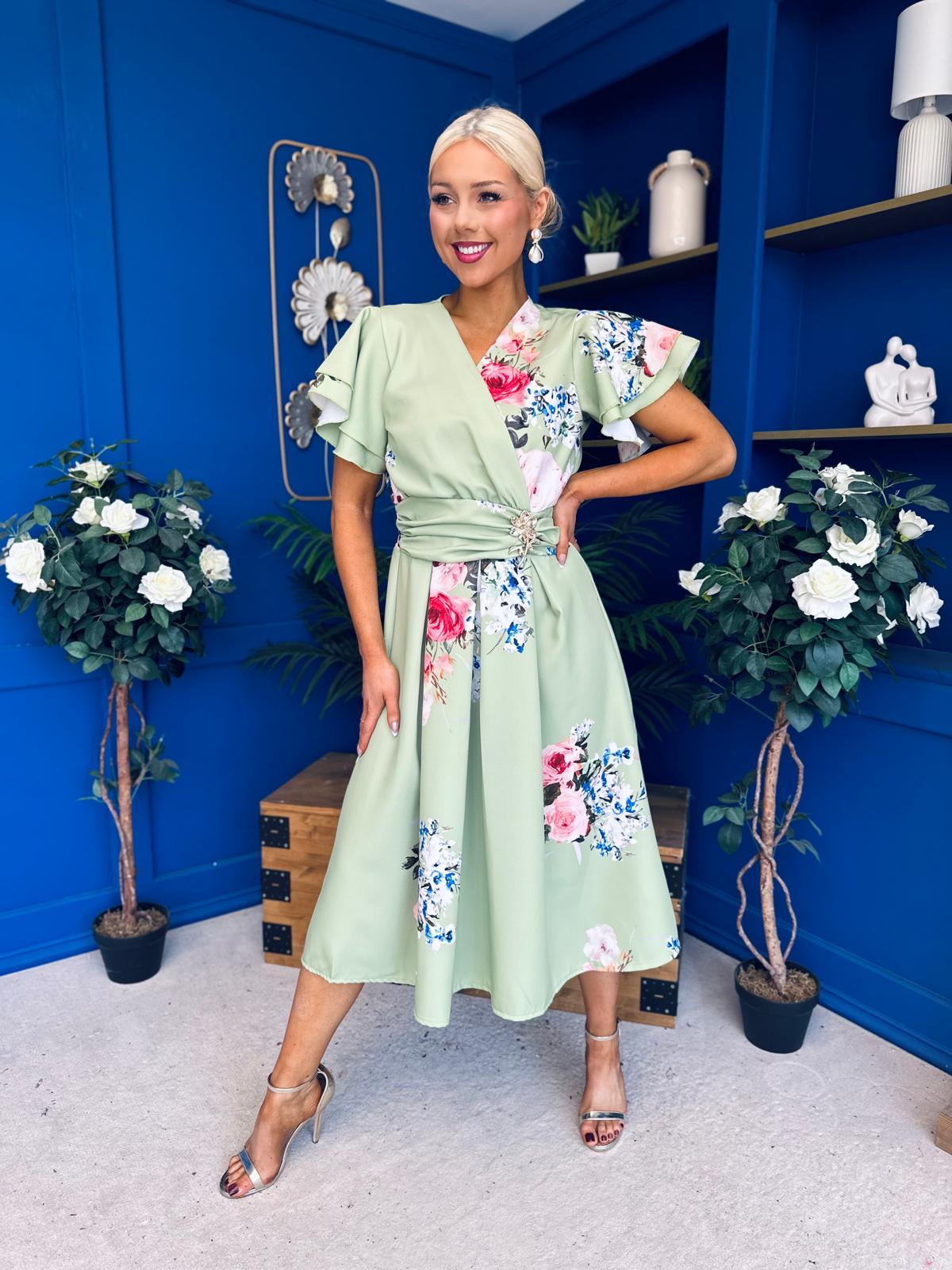 Blaire Frill Sleeve Midi Dress Floral Sage