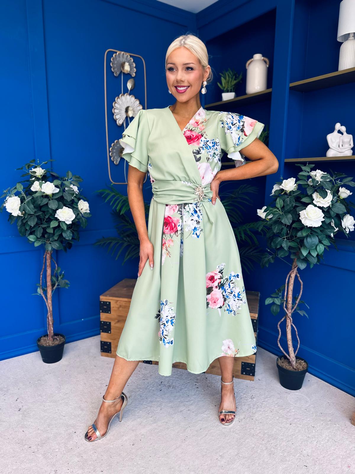 Blaire Frill Sleeve Midi Dress Floral Sage