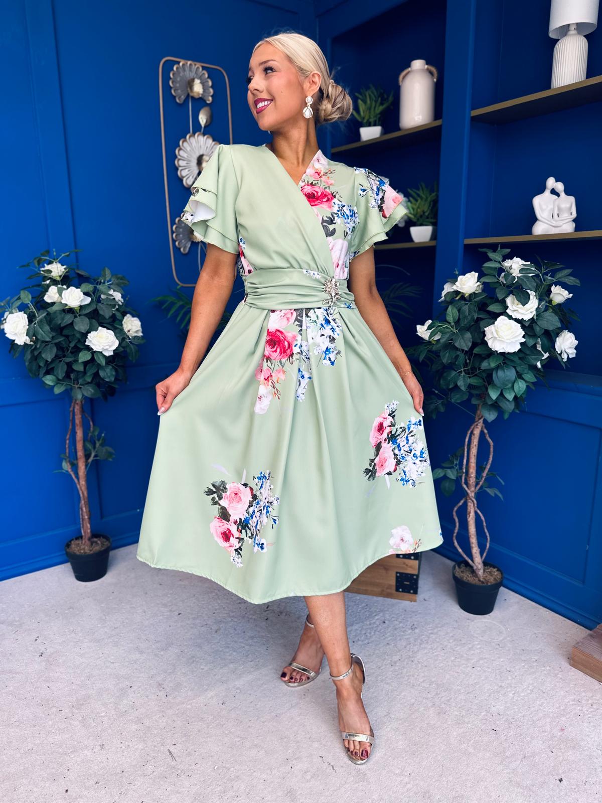 Blaire Frill Sleeve Midi Dress Floral Sage