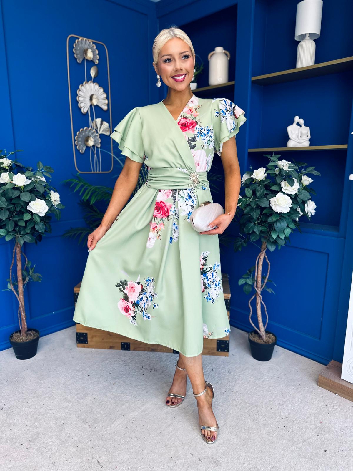 Blaire Frill Sleeve Midi Dress Floral Sage