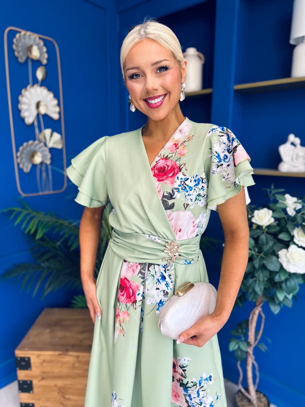 Blaire Frill Sleeve Midi Dress Floral Sage