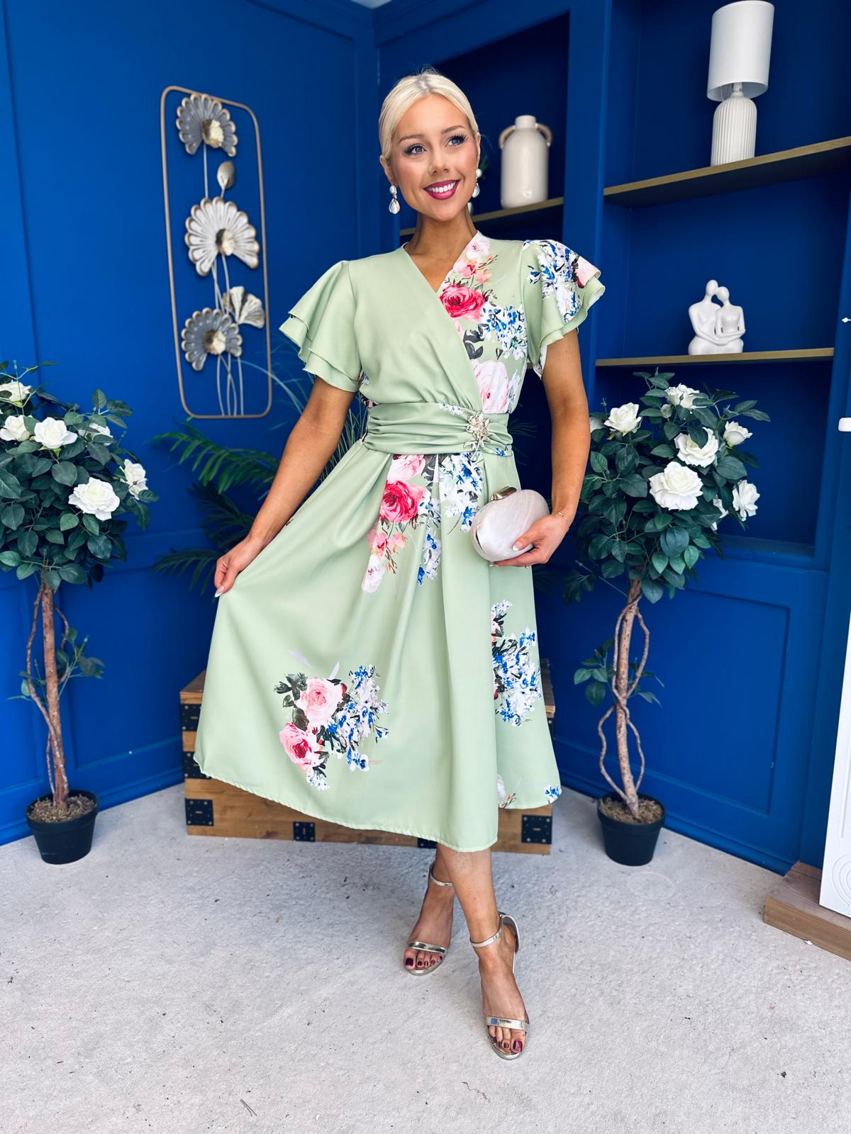 Blaire Frill Sleeve Midi Dress Floral Sage
