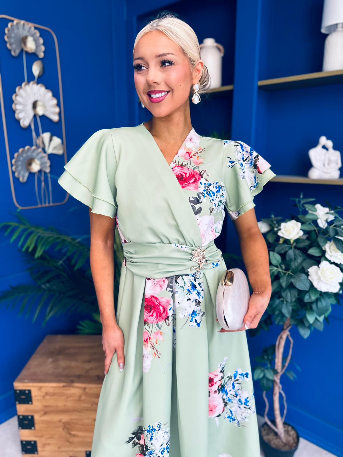 Blaire Frill Sleeve Midi Dress Floral Sage