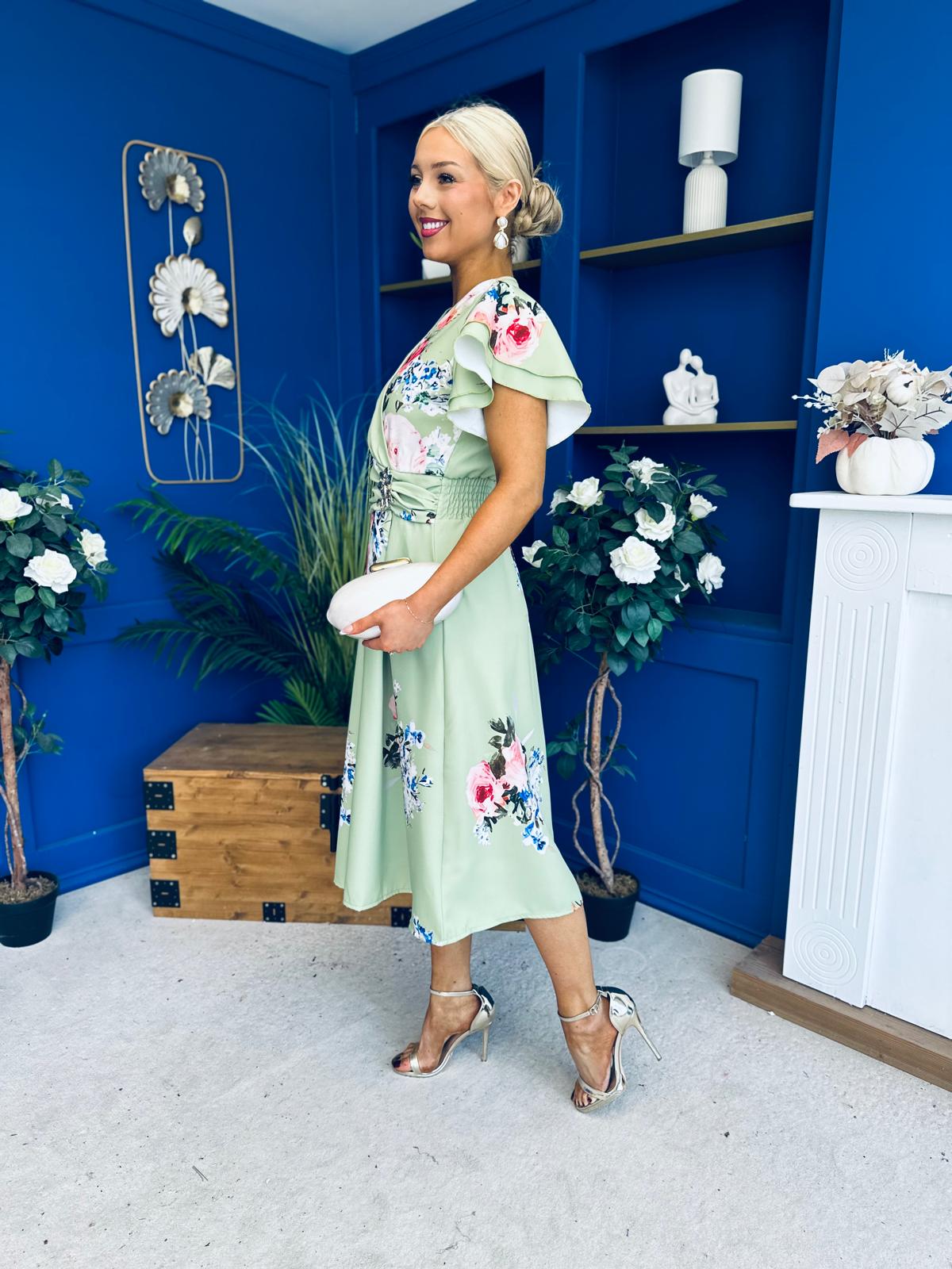 Blaire Frill Sleeve Midi Dress Floral Sage