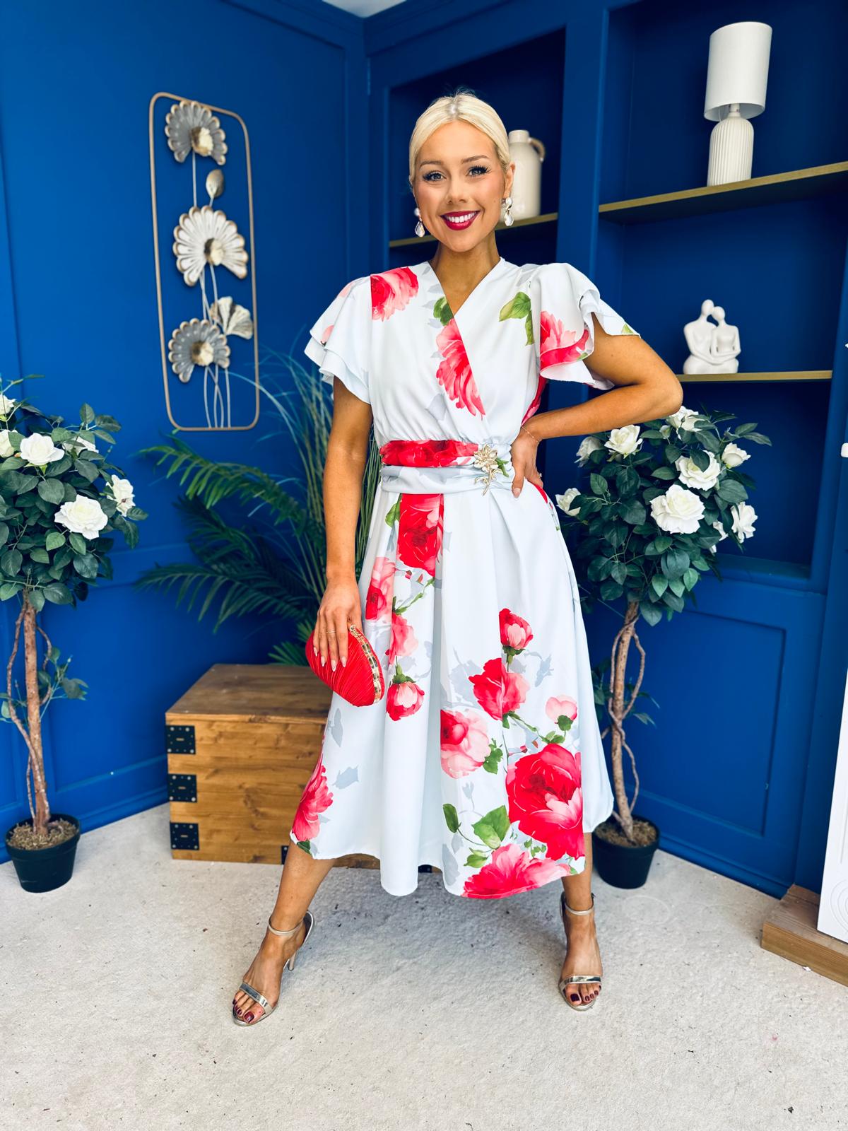 Blaire Frill Sleeve Midi Dress Floral Blue