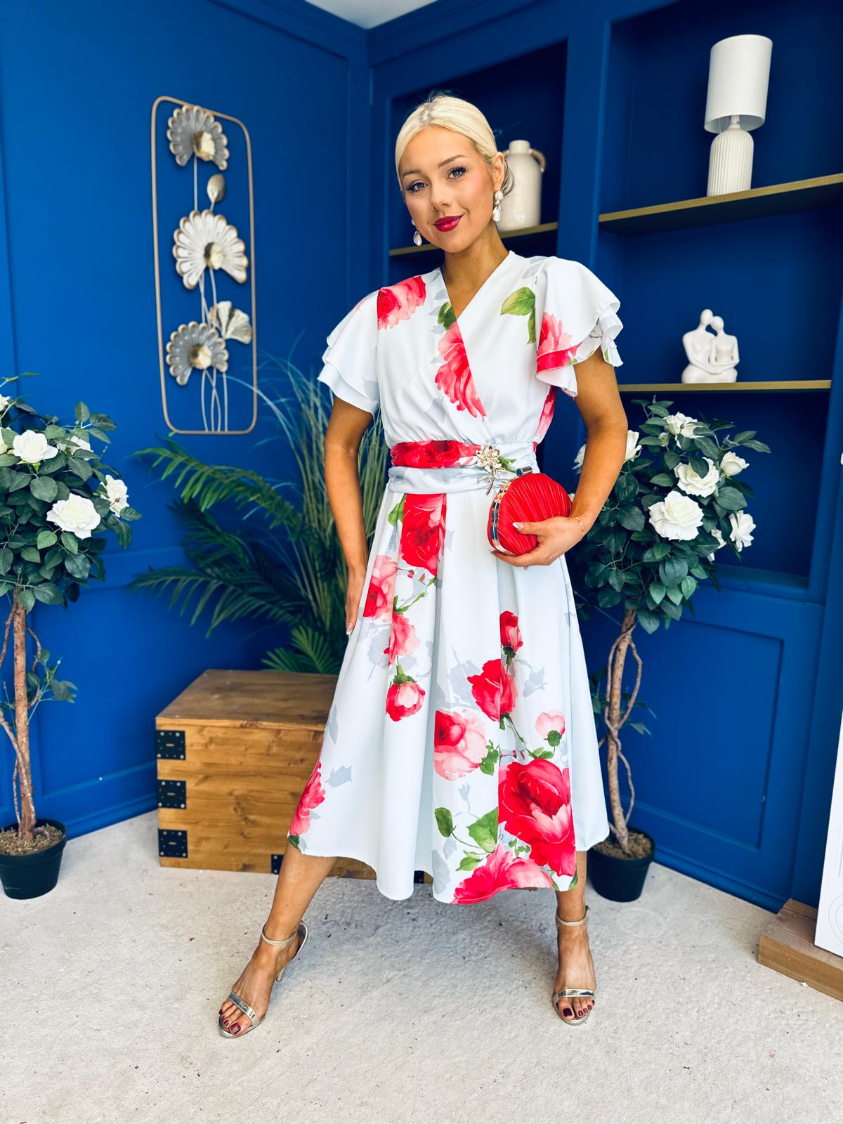 Blaire Frill Sleeve Midi Dress Floral Blue