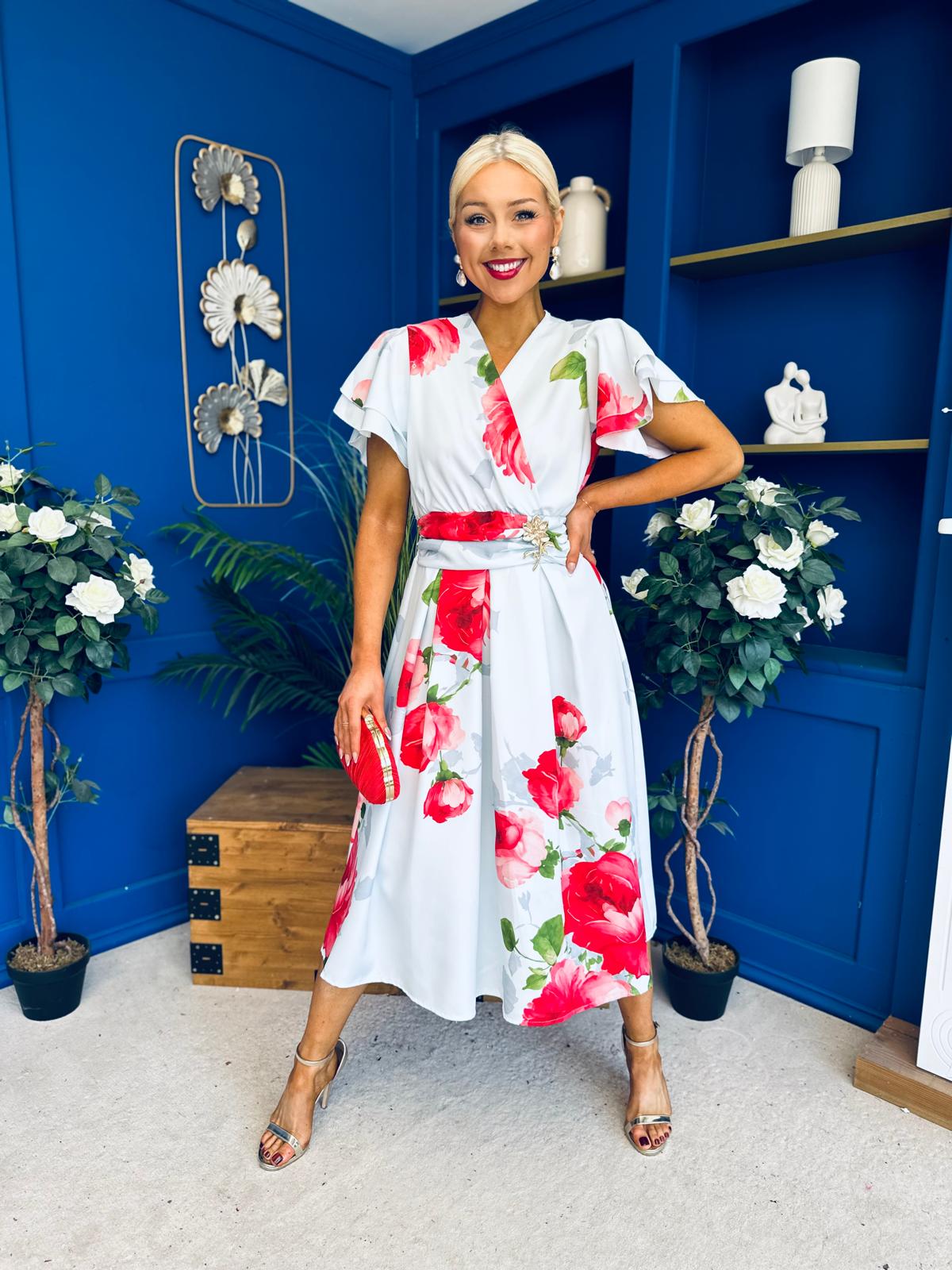 Blaire Frill Sleeve Midi Dress Floral Blue