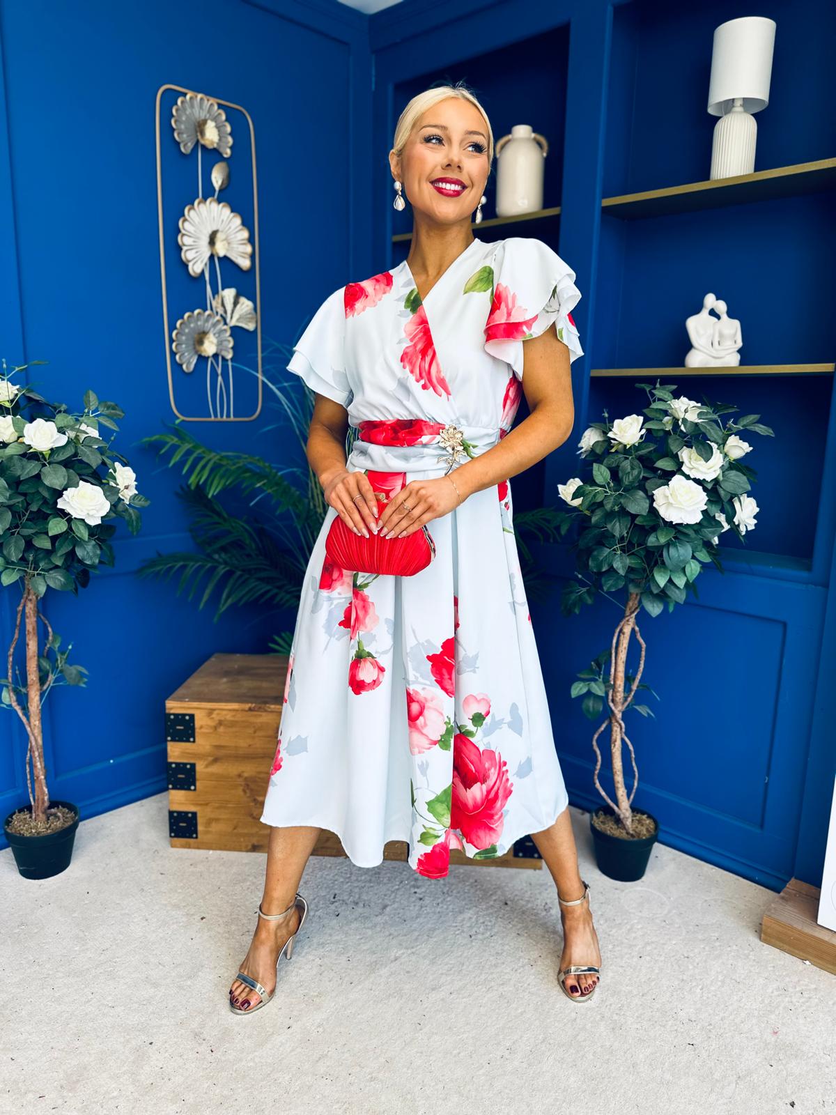 Blaire Frill Sleeve Midi Dress Floral Blue