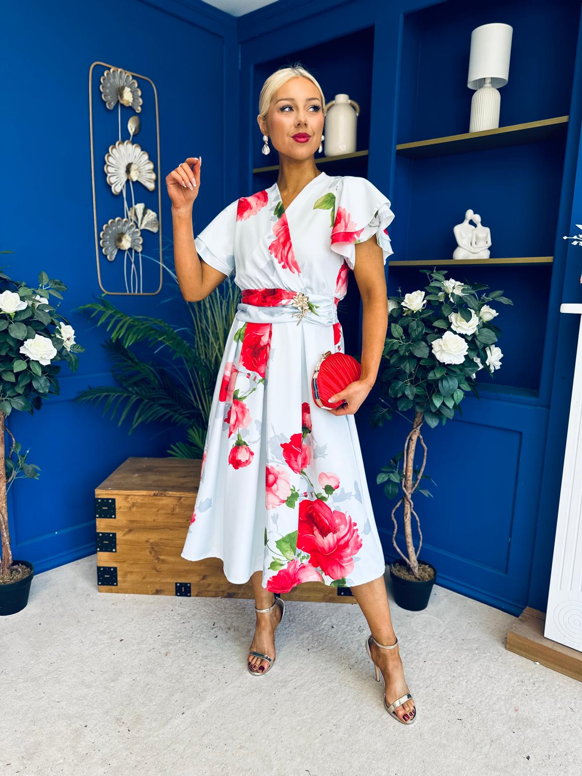 Blaire Frill Sleeve Midi Dress Floral Blue