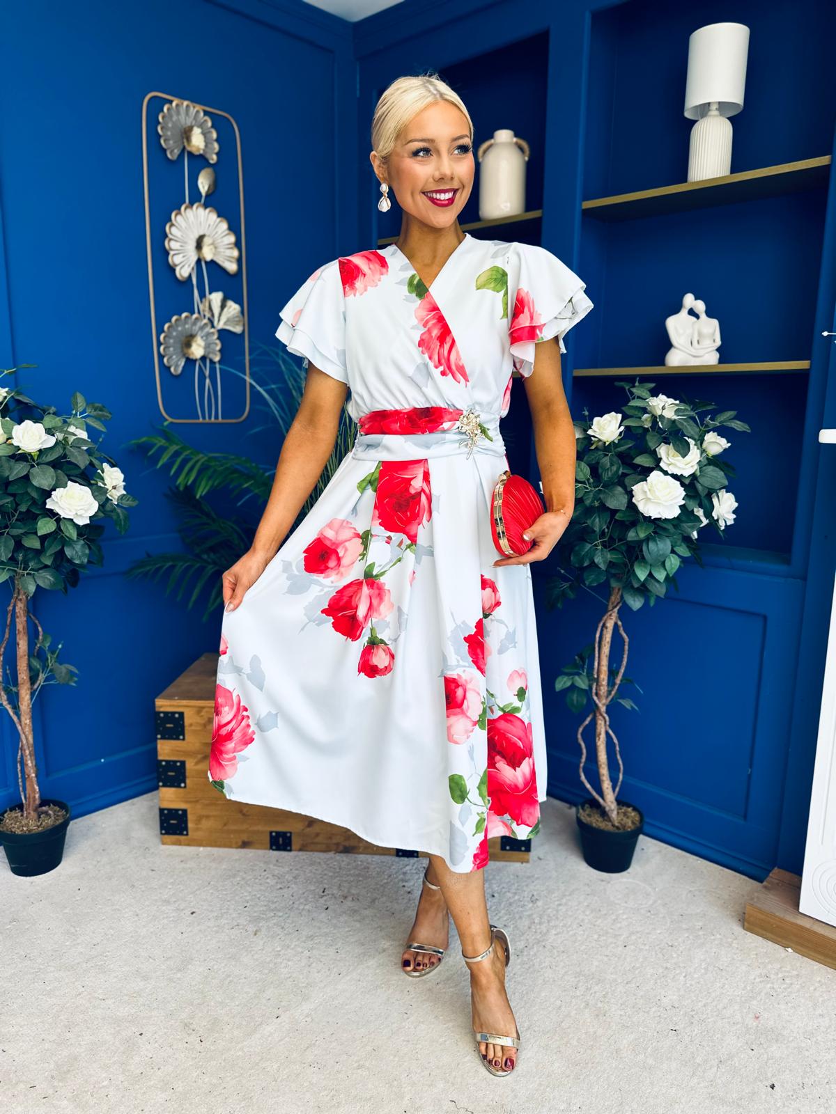 Blaire Frill Sleeve Midi Dress Floral Blue
