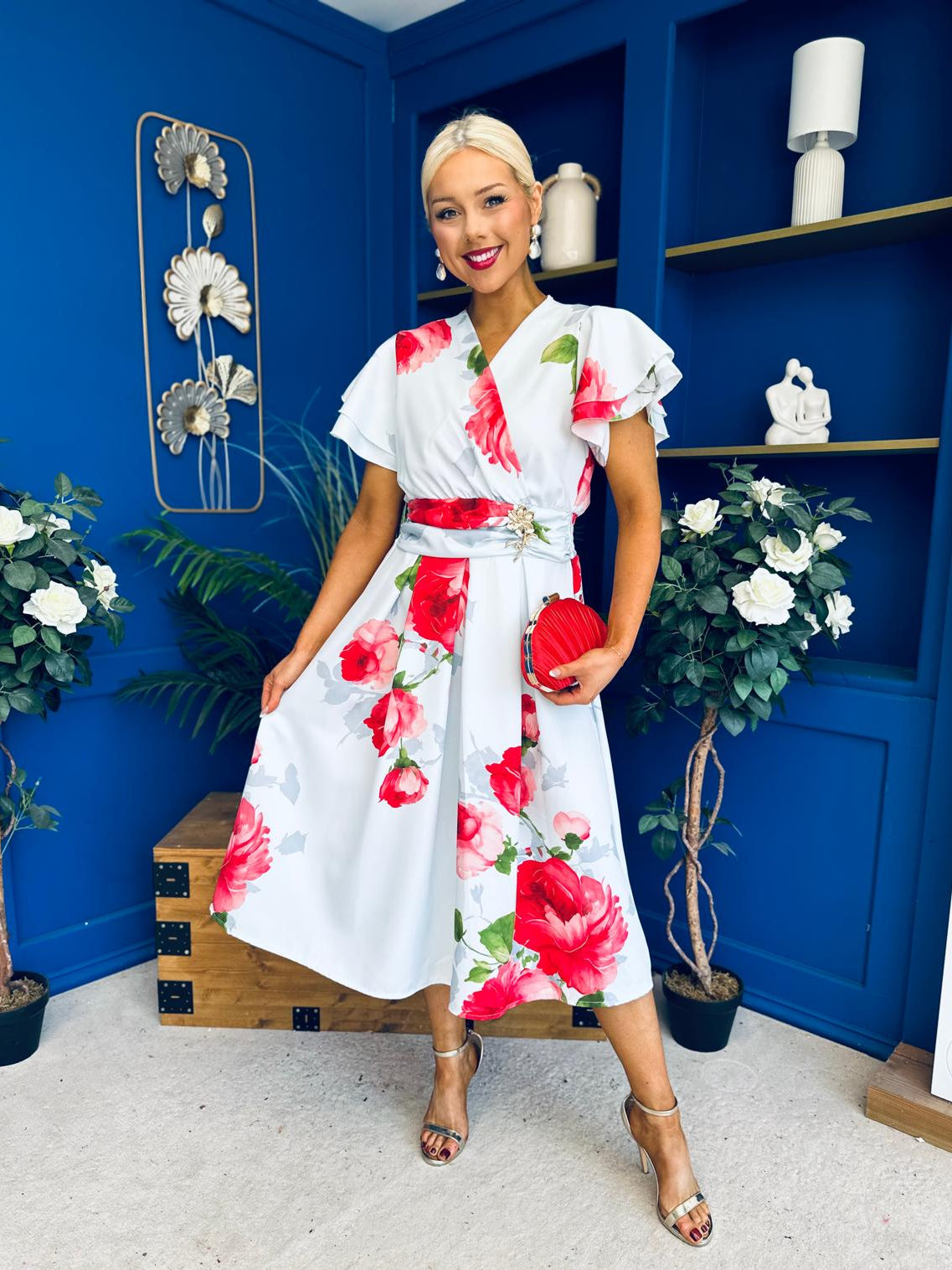 Blaire Frill Sleeve Midi Dress Floral Blue