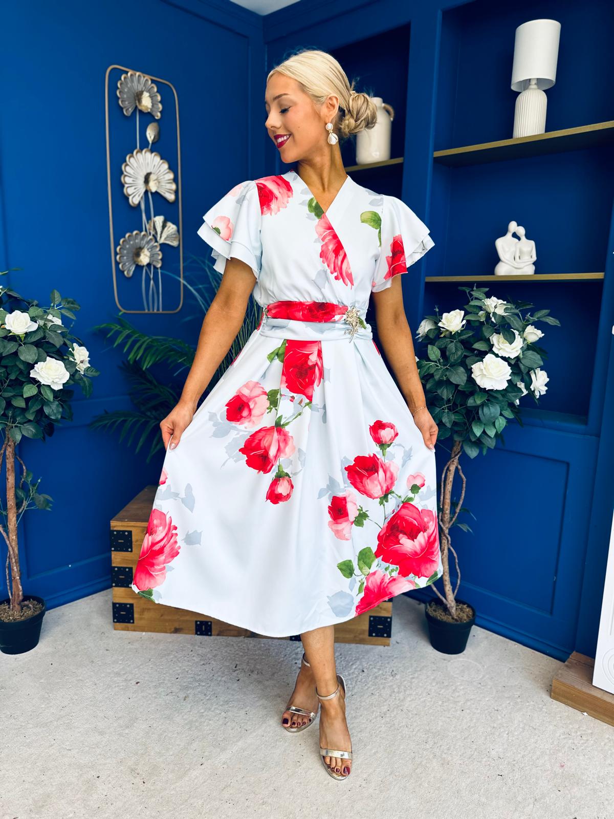 Blaire Frill Sleeve Midi Dress Floral Blue