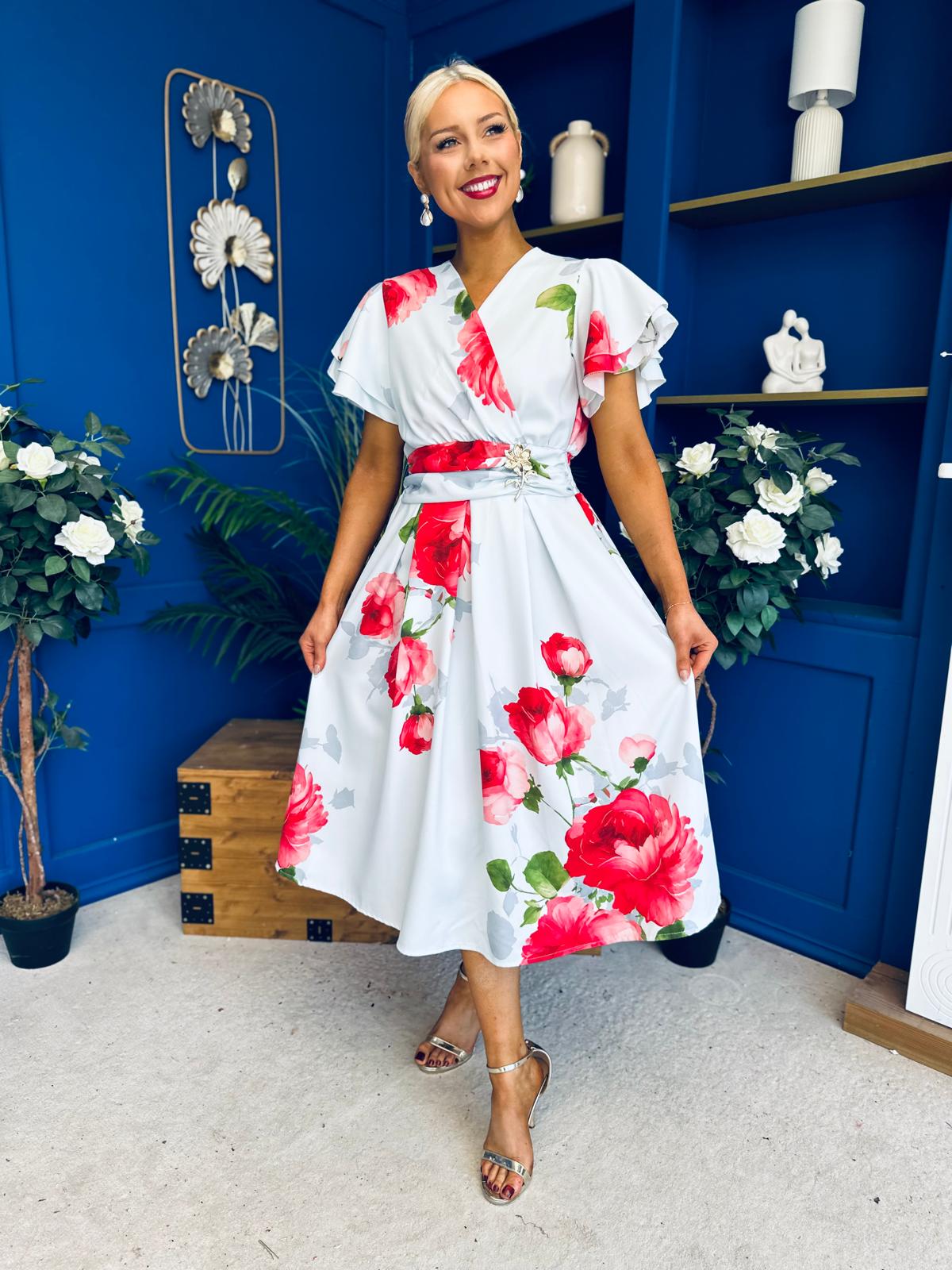 Blaire Frill Sleeve Midi Dress Floral Blue